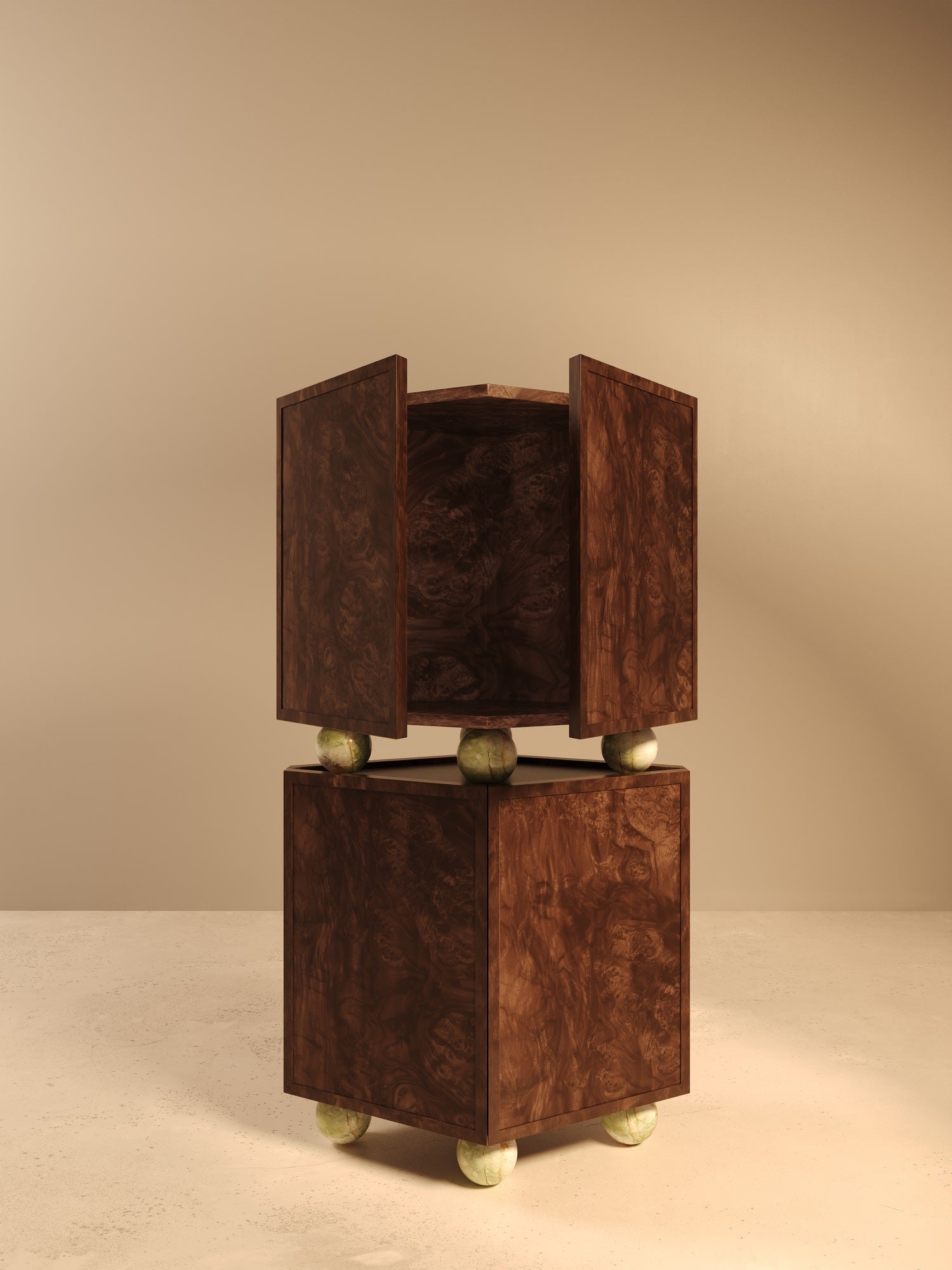 ORO I – Walnut Burl Veneer Cabinet with Onyx Spheres — lifestyle setting