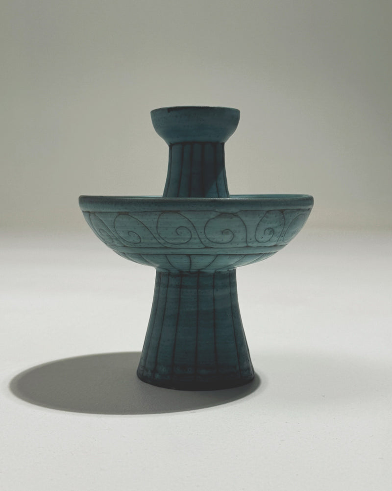 Turquoise ceramic candlestick holder with spiral motifs by Jacques Sagan