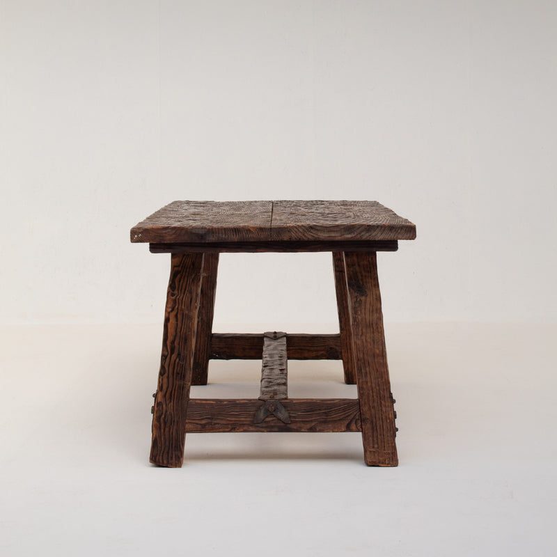 Brutalist Solid Wood Coffee Table — side view highlighting textured wood grain