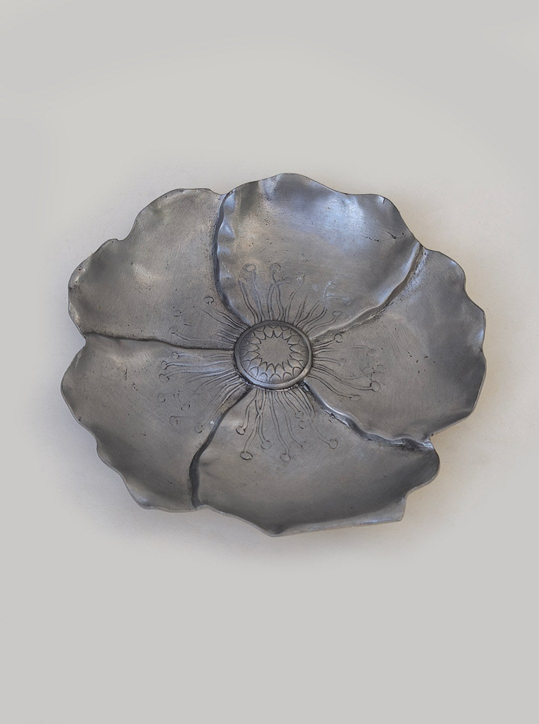 Flower pewter vide poche — side angle showing floral design details