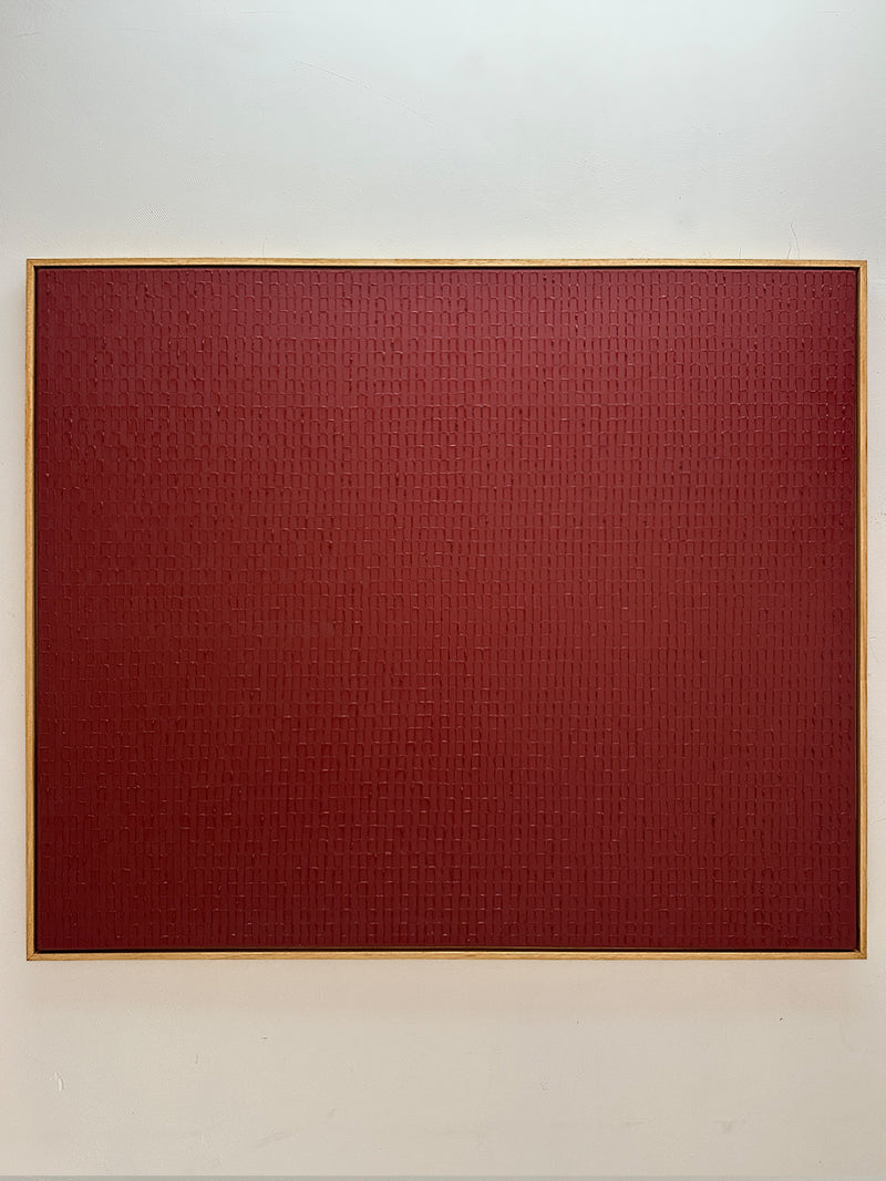 Abstract red textured painting with geometric pattern by Roi Elmaliah