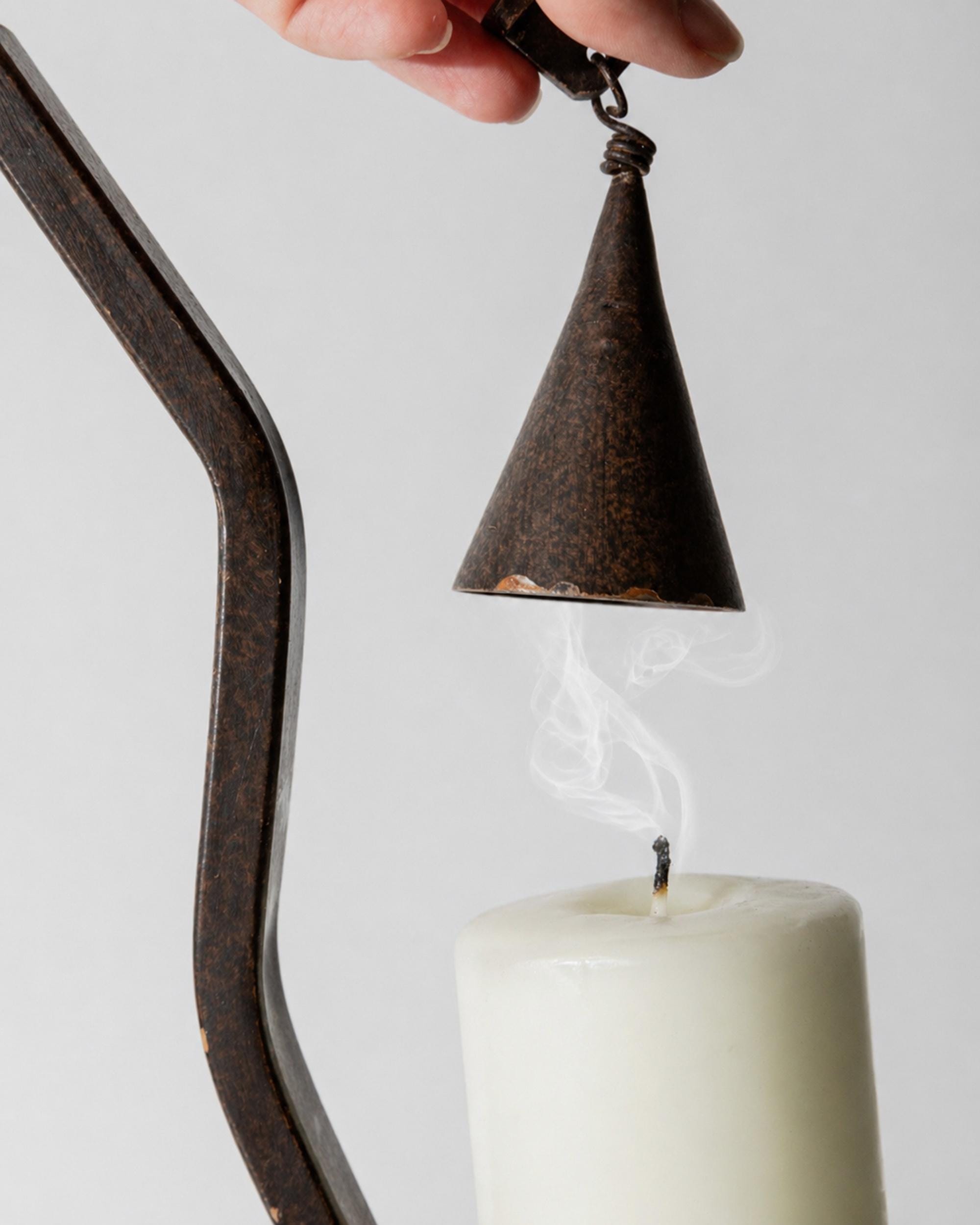 Vintage 1960s Hand forged Iron Candleholder, Zig Zag Design with Removable Candle Snuffer, Sculptural Metal Decor, Table Accent, Gift Idea — close-up