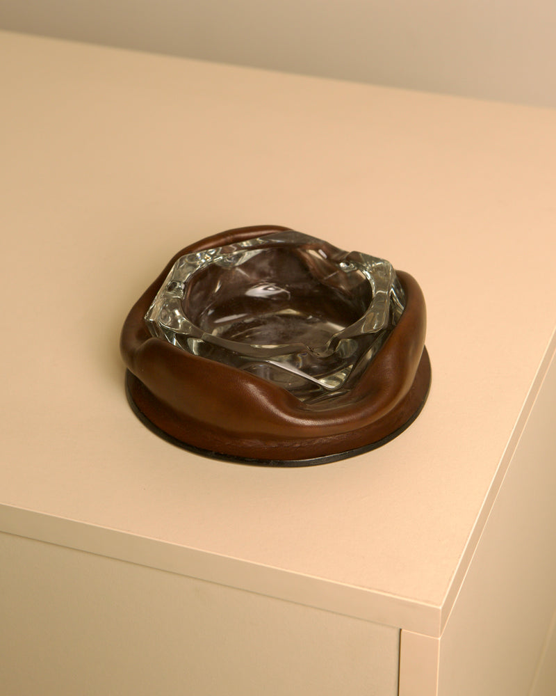 60s Italian brown leather glass ashtray by Treaptyque | The Oblist
