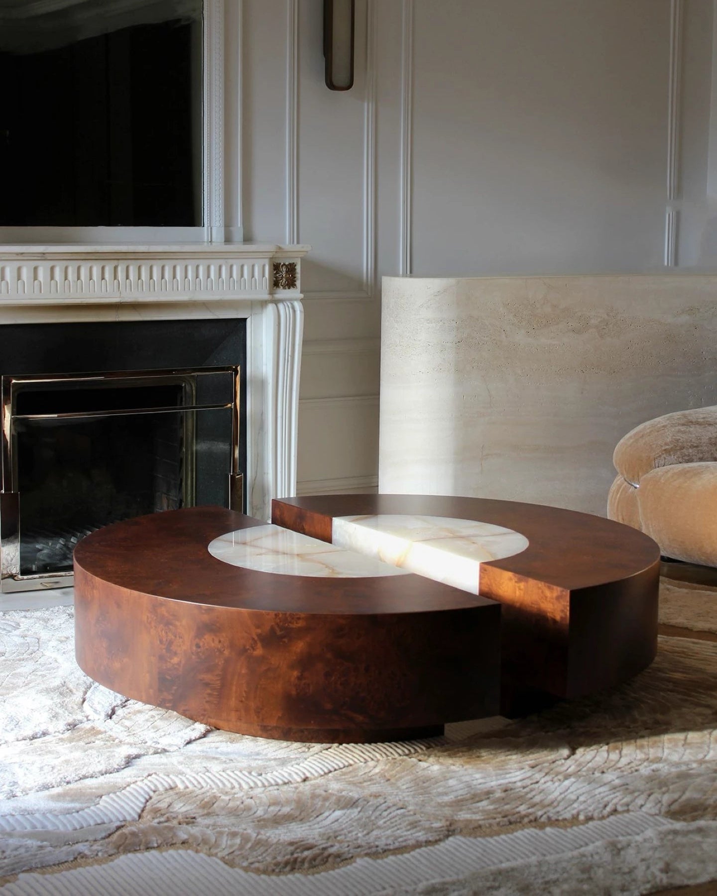 'Baci' Round Wood and Shell Onyx Table — lifestyle setting
