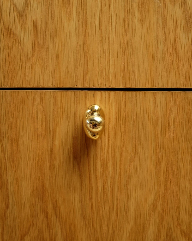 BEAN Cabinet Knob — close-up of polished gold finish on wood drawer