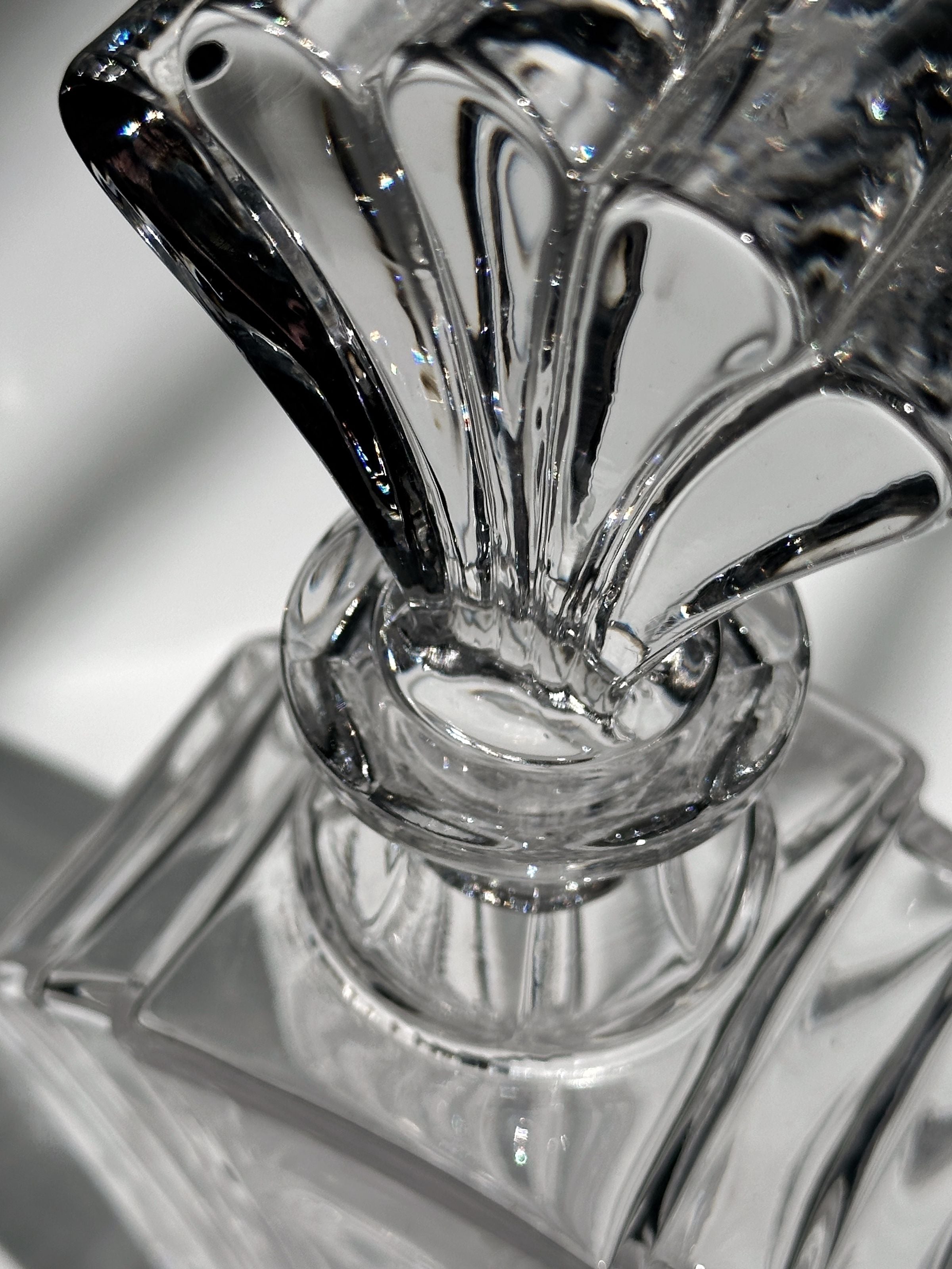 Italian crystal glass Art Deco decanter — top view highlighting intricate stopper design