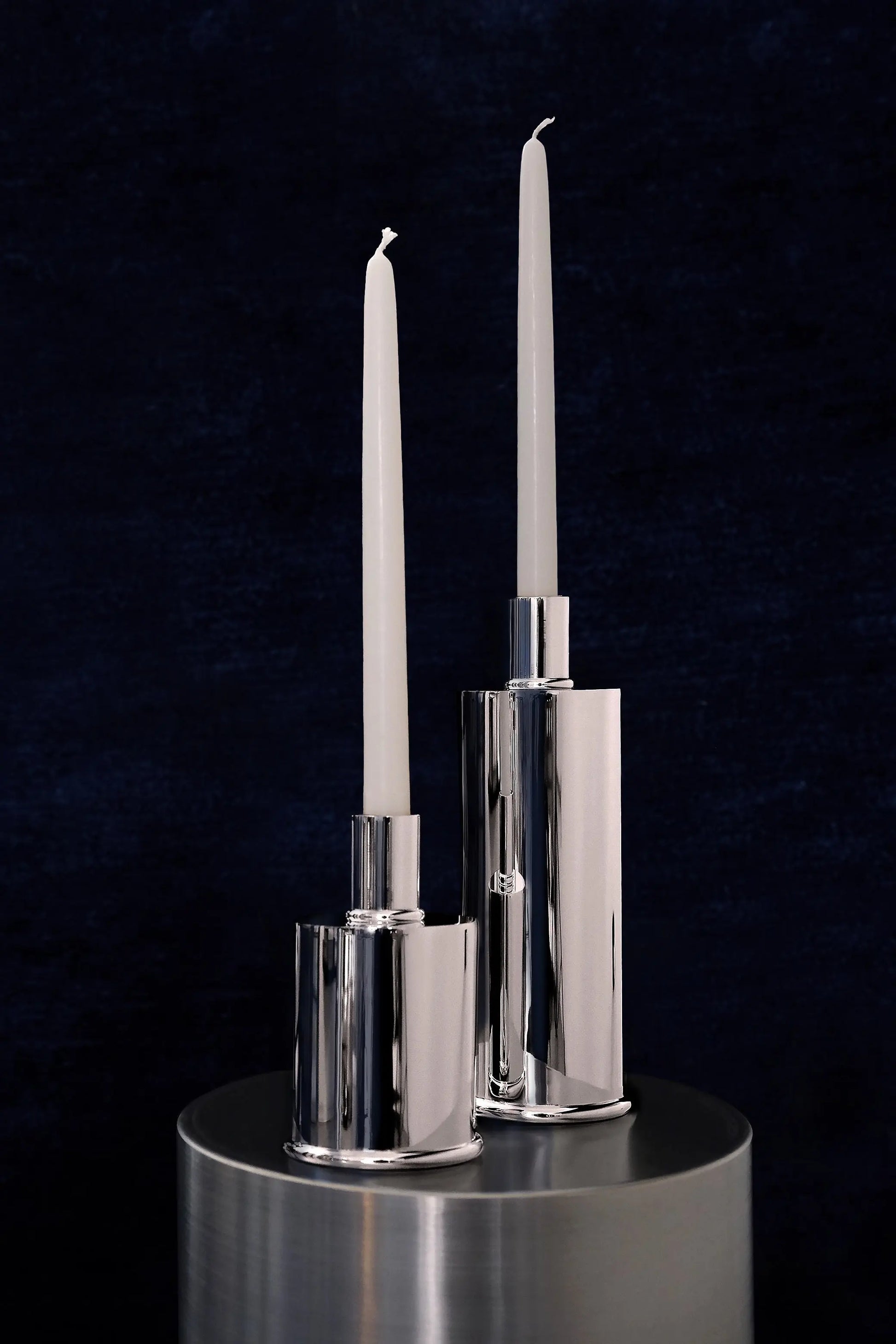 Elegant Candle Holders Silver Plated by CASPAL | The Oblist — silver finish, modern design