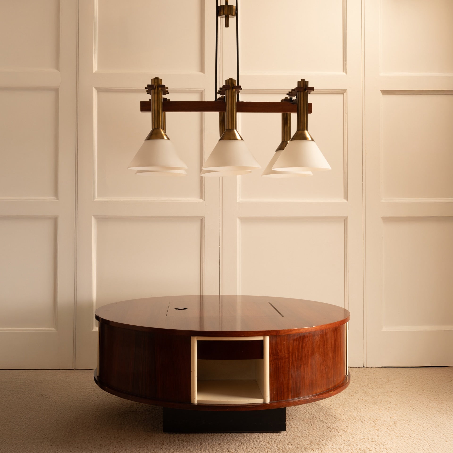 Six-light pendant lamp — close-up of brass and glass shades