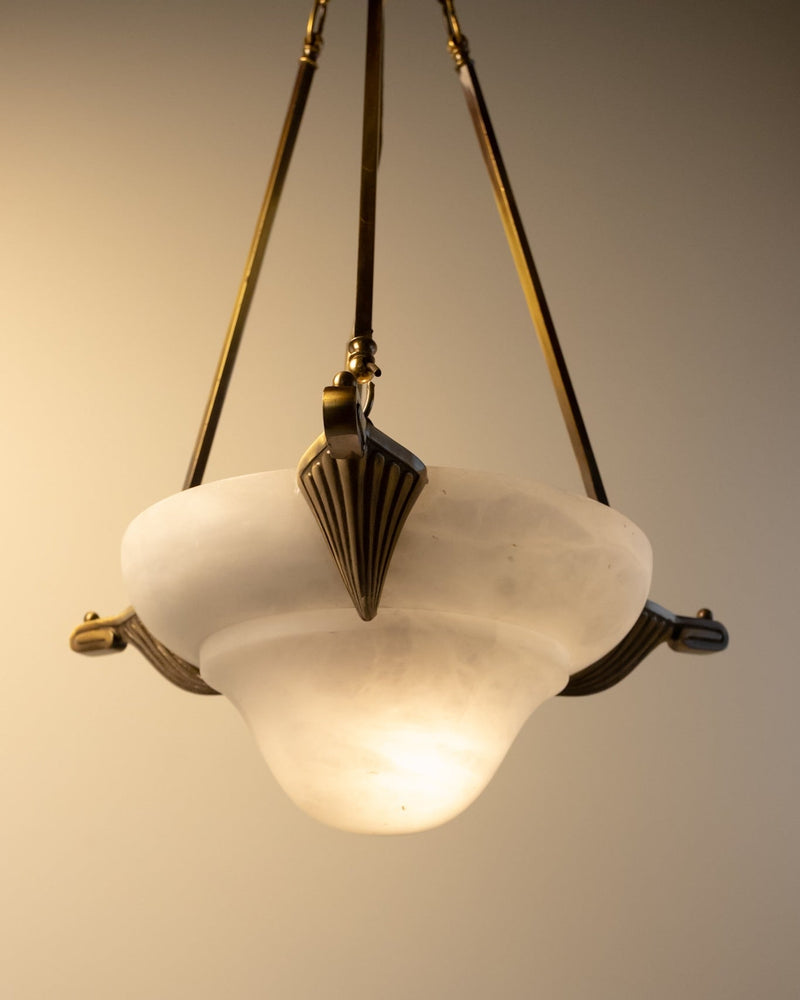 Art Deco Revival Carved Alabaster Plafonnier — close-up of alabaster shade with brass accents