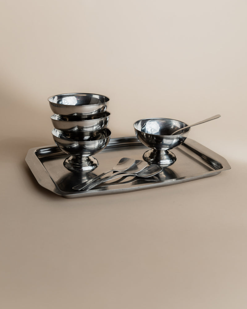 Vintage 1970s Ice Cream Serving Set for 4, Stainless Steel Cups, Spoons, Tray, Scoop by Bottega Jacobs | The Oblist — stainle
