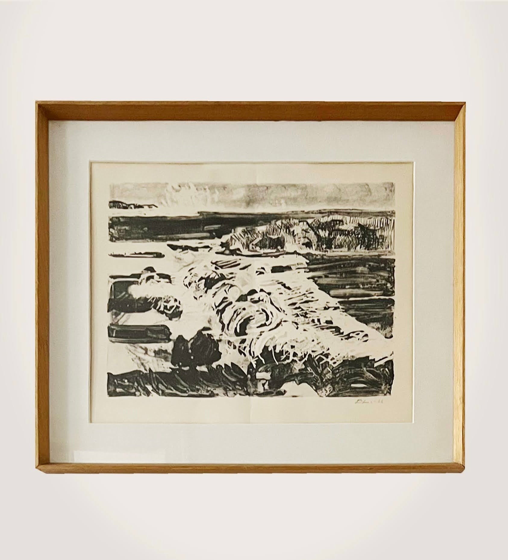 The Large Midcentury Seascape by Médecine features a black-and-white abstract print with textured lines, evoking land or water forms, elegantly framed in vintage oak with a white mat for a Scandinavian-inspired look.