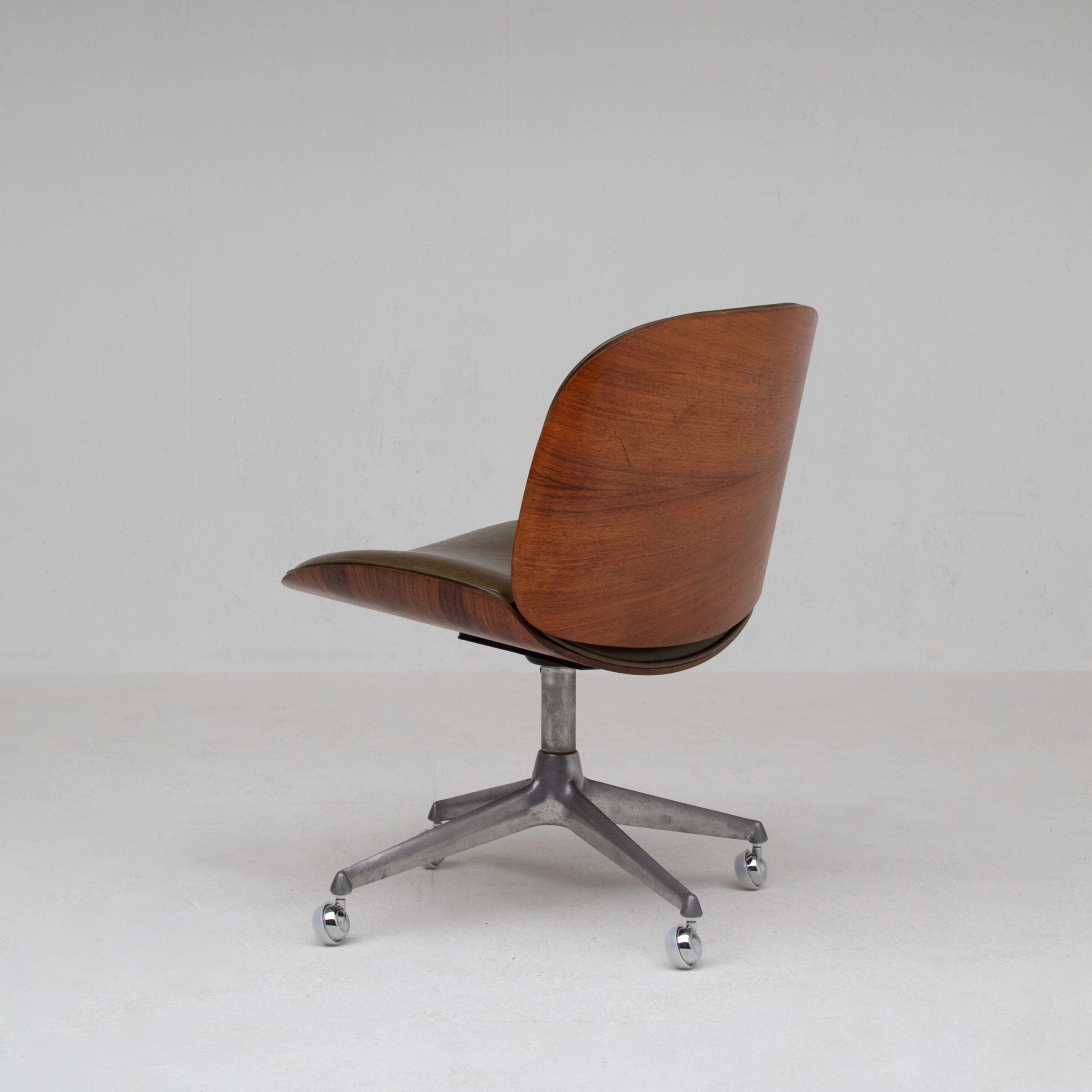 Ico Parisi Office Chair in Wood and Metal — back view highlighting wooden backrest