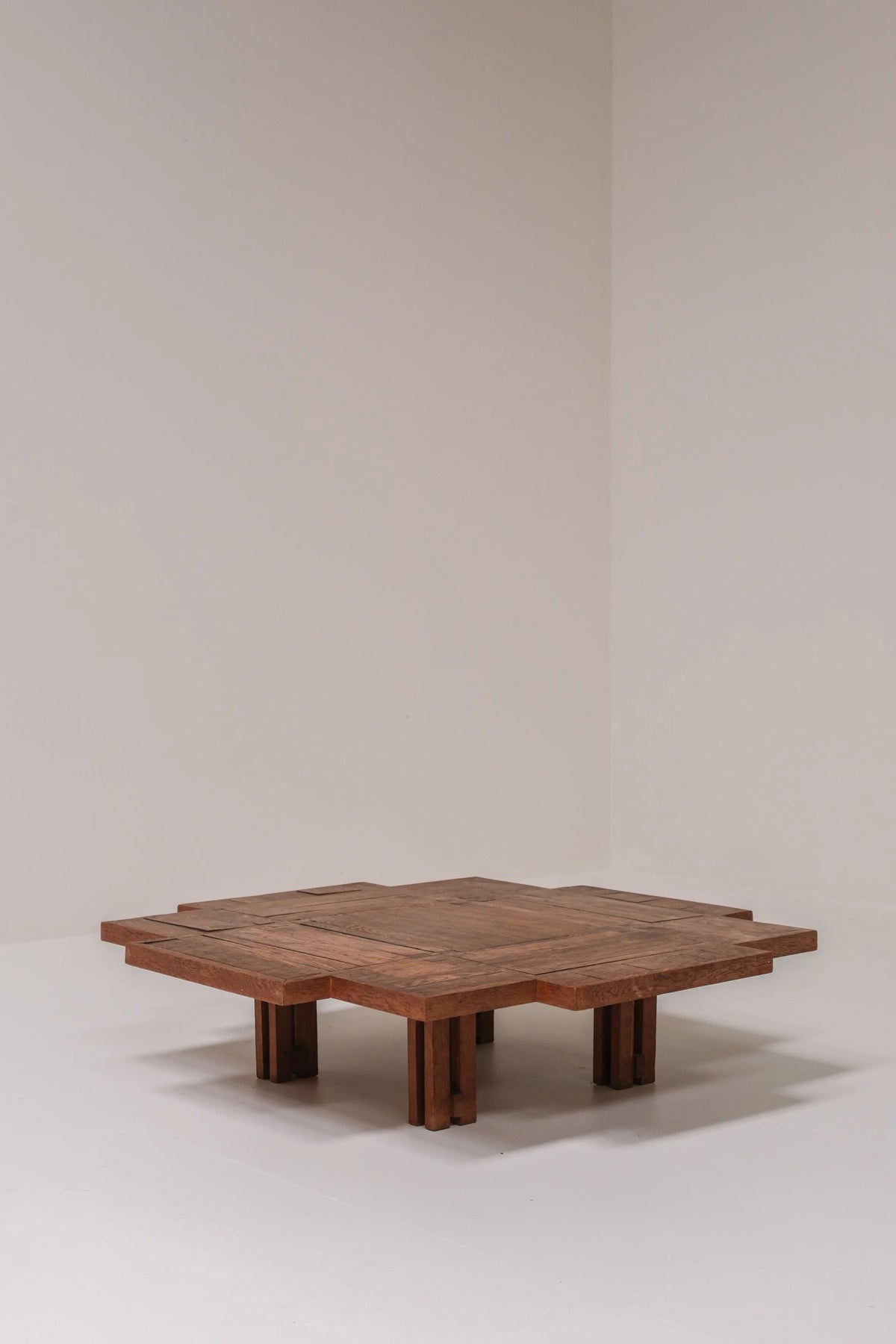 Unique Dutch Brutalist Square Oak Coffee Table, Netherlands, 20th Century — side angle