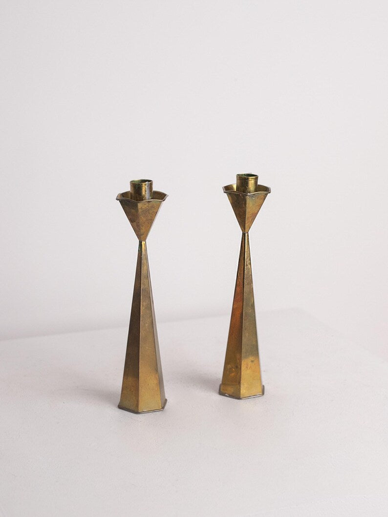 Hexagonal Brass Candlesticks Tall Pair, Hourglass Taper Holders 1960s — side angle