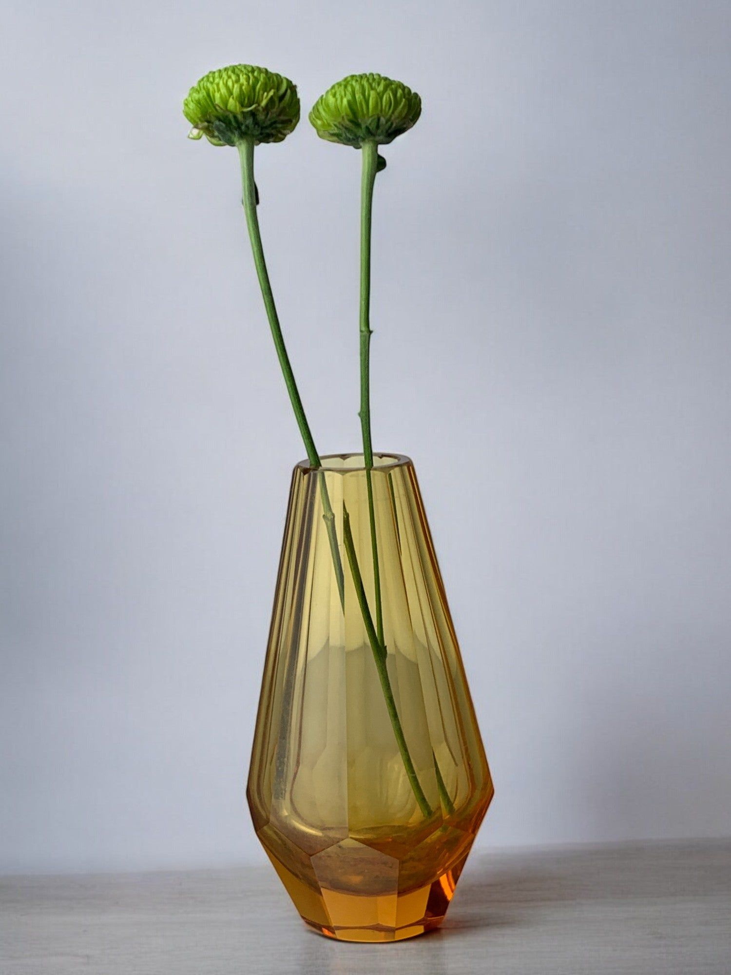 Yellow Faceted Vase by Seguso, Murano glass, Italy, 1970s — close-up of amber glass with flowers
