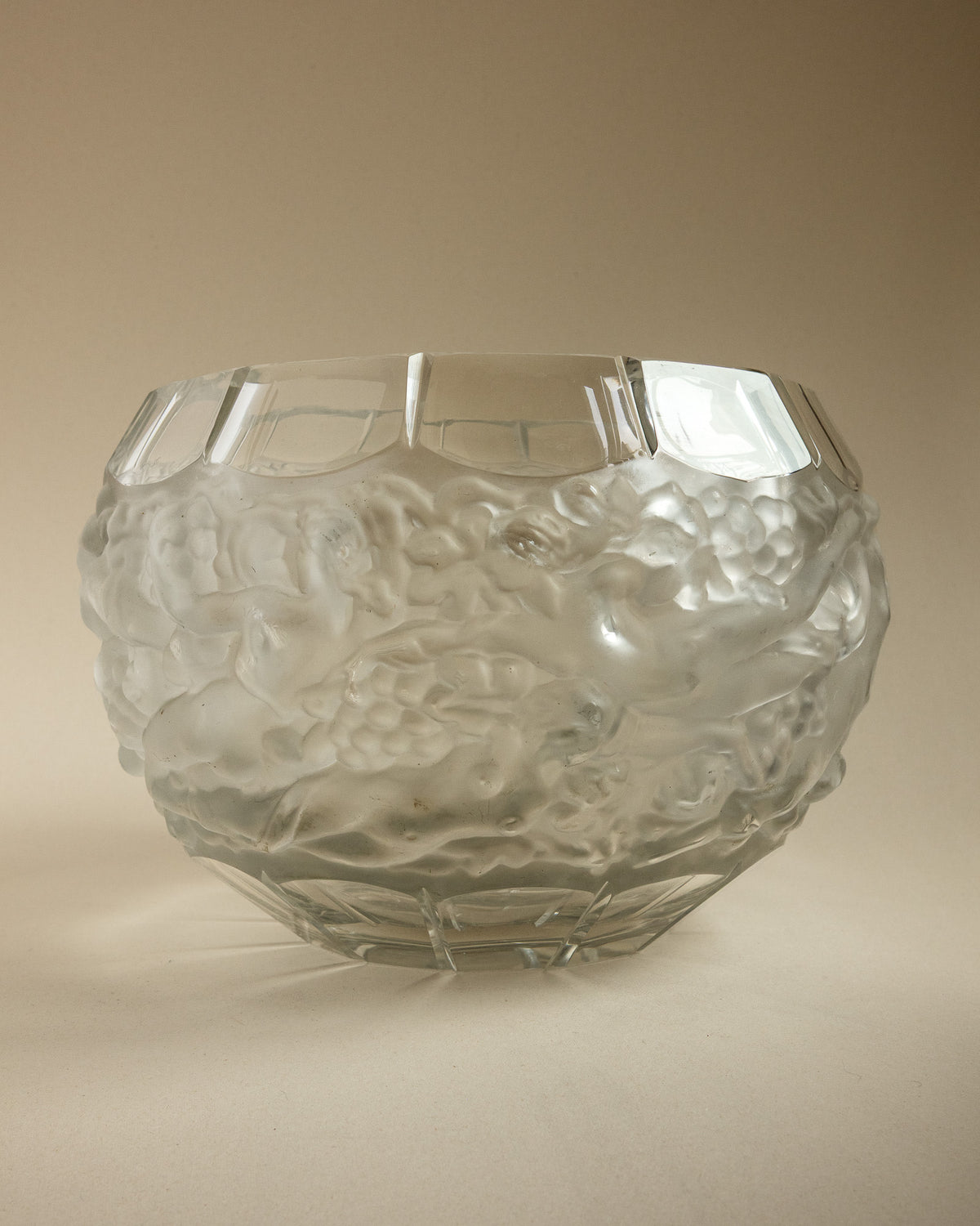 “Bacchus” Crystal Globe Vase with Grapes & Nymphs in Relief | Attr. René Lalique — detail view
