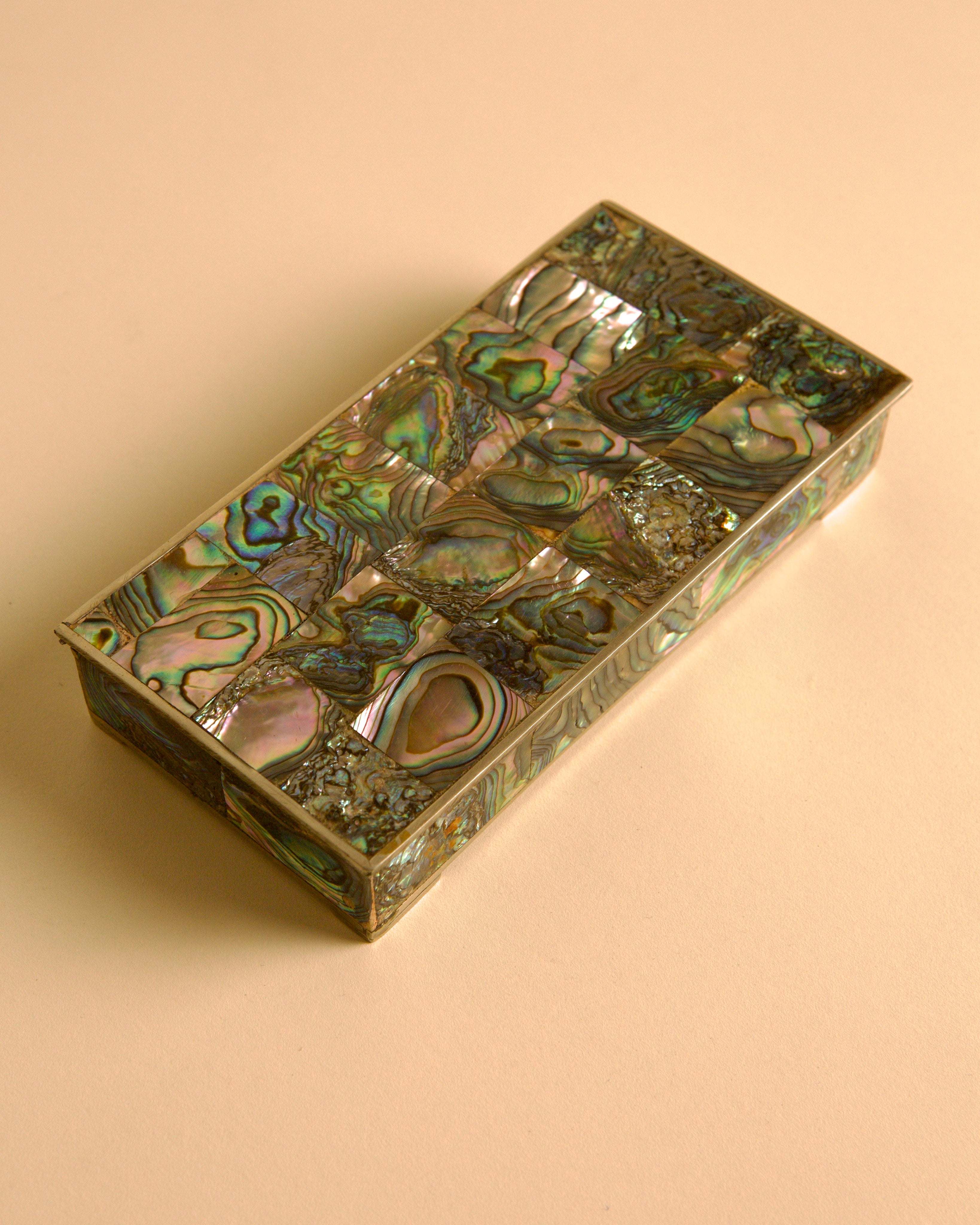 Italian Rectangular Silver and Mother-of-pearl Inlaid Box 40s — top view showing iridescent inlay detail
