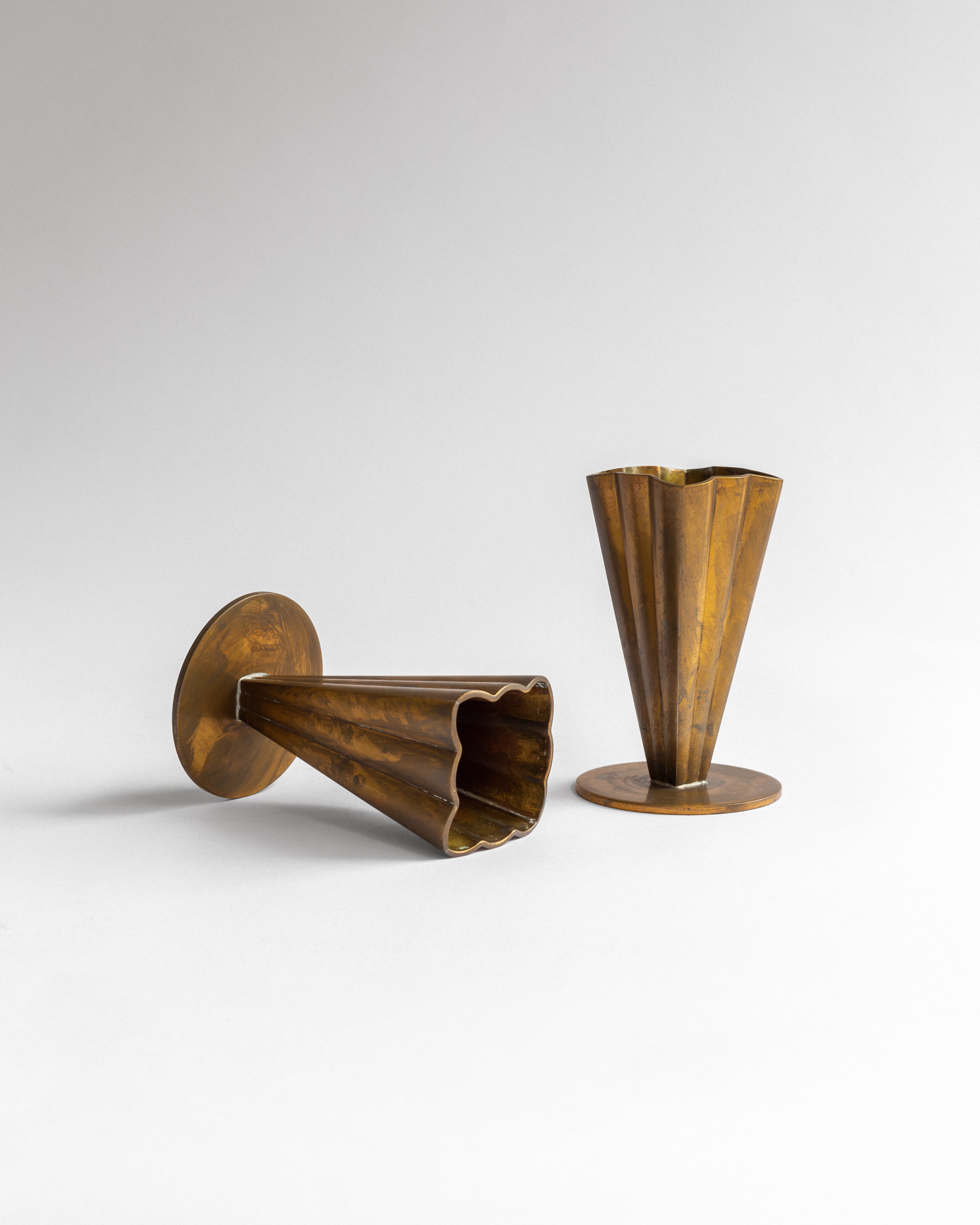 Pair of Scandinavian Modern Brass Vases, 1950s, Sweden — detail view