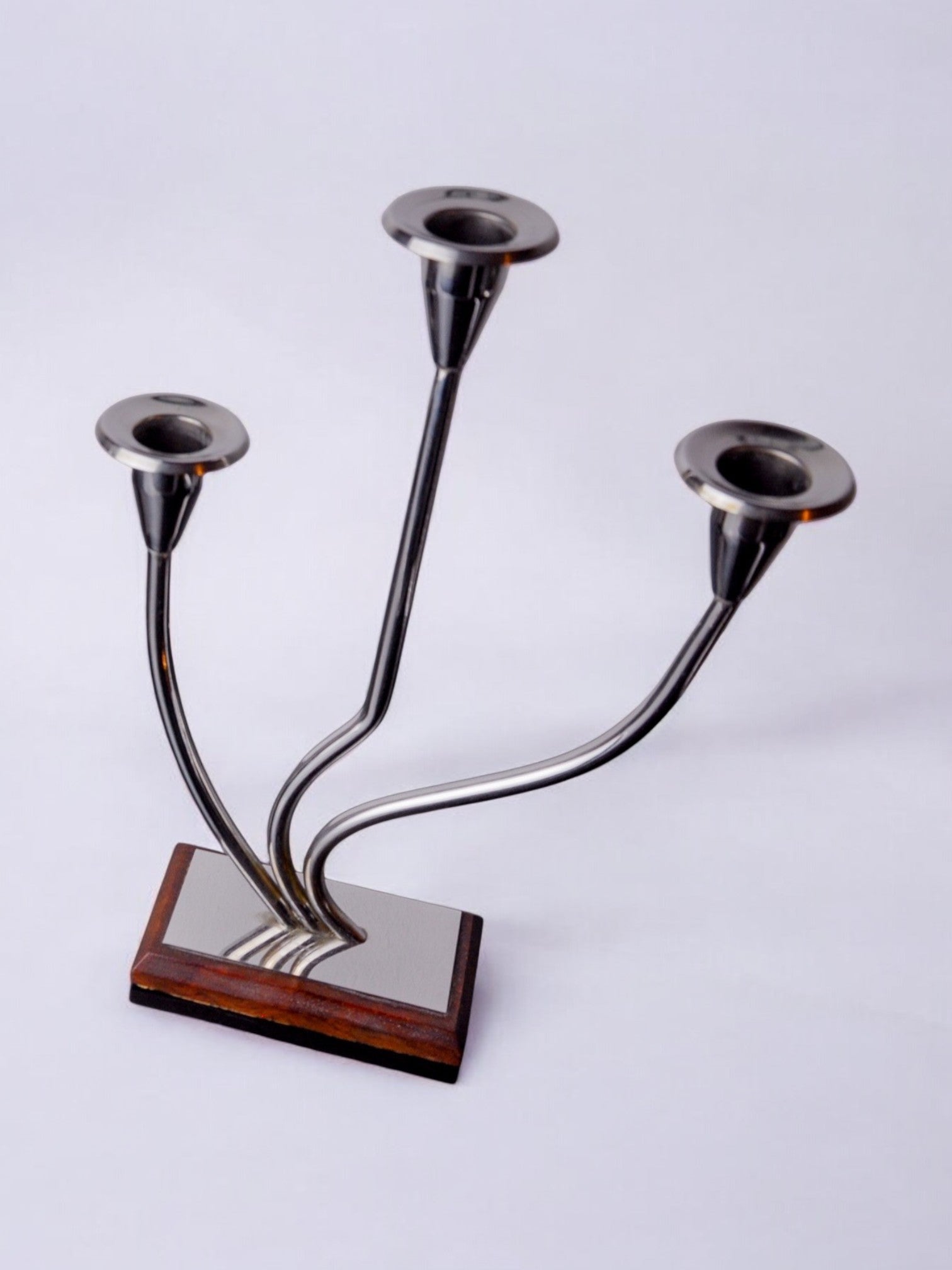 Art deco Candleholder, Spain, 1970 — side angle showing chrome and wood base