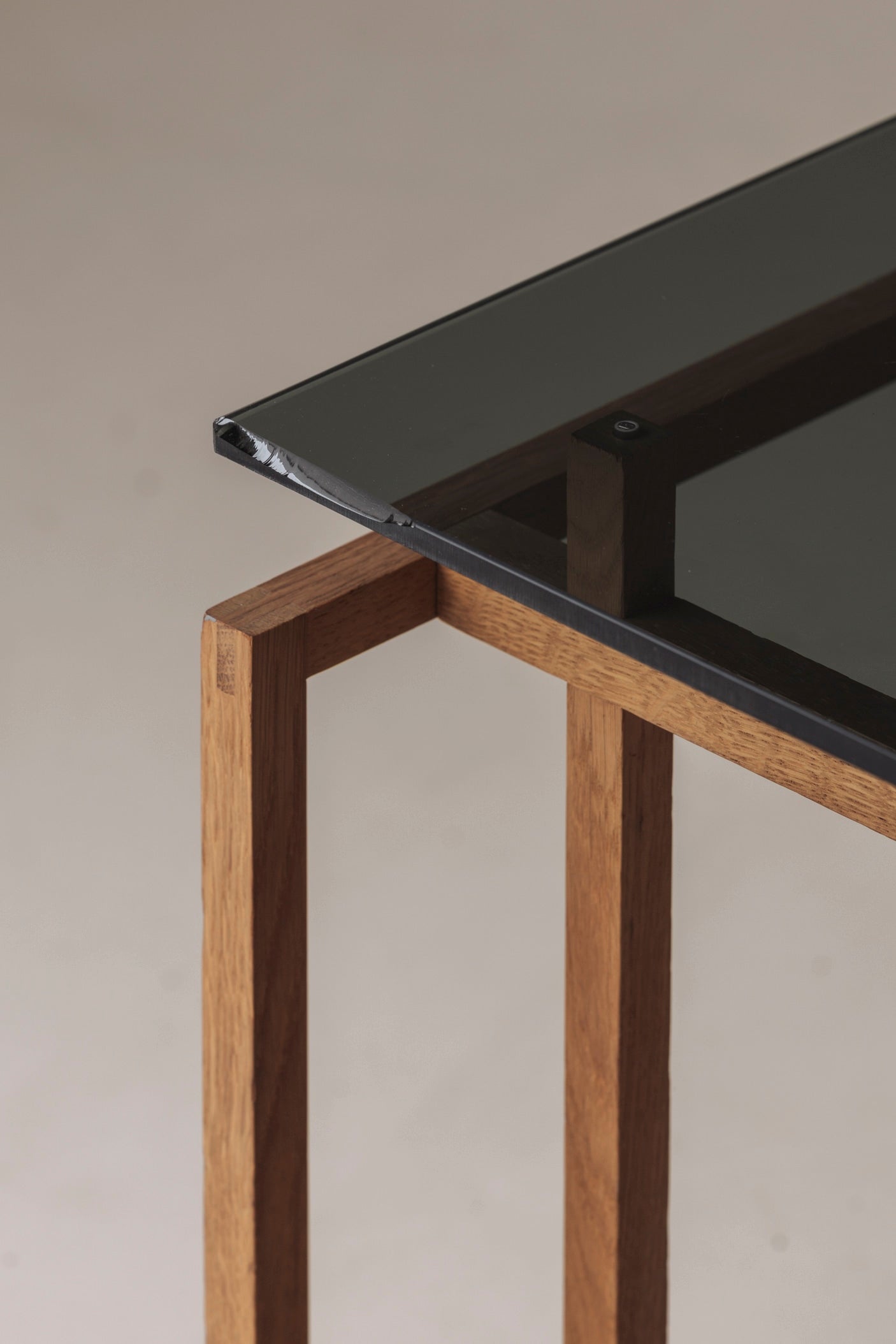 Elegant Geometric Oak Side Table by Henning Nørgaard, Denmark 1970s — close-up of oak frame with glass top