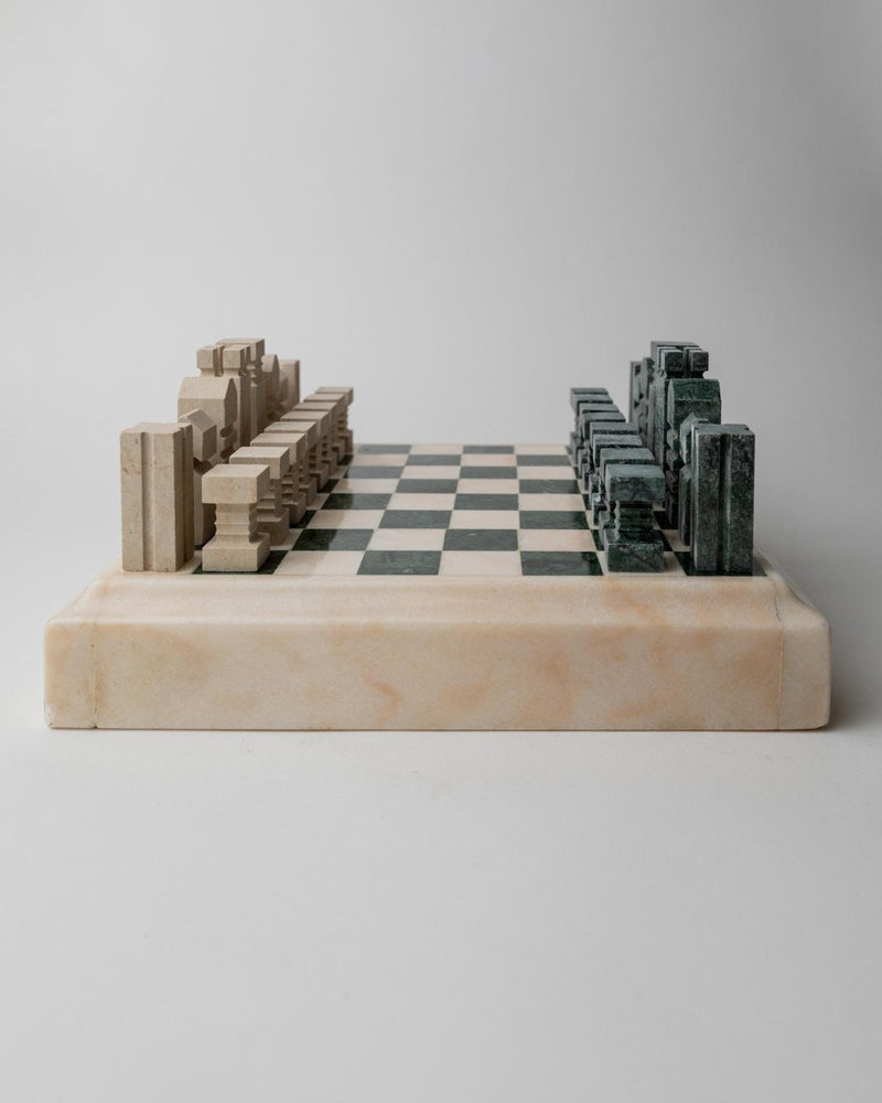 Vintage 1970s Marble Chess Set, Green and Beige Stone Chess Board, Heavy Design, Geometric Chess Pieces, Sculptural Table Game,  Gift Idea by Bottega Jacobs