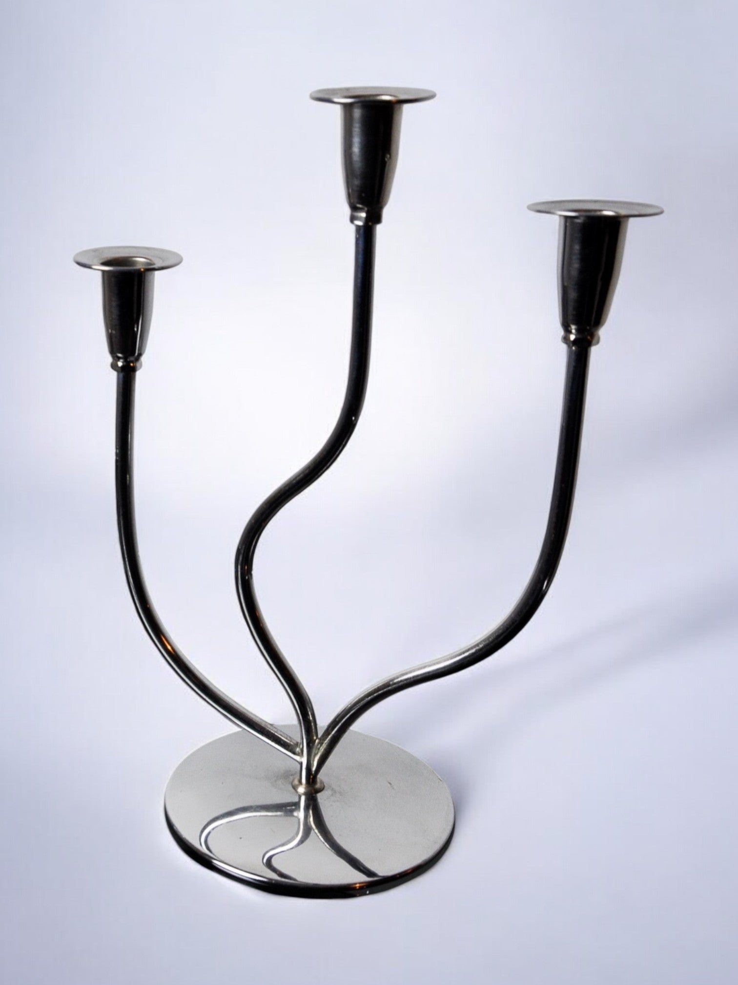 Art deco candlestick in stainless steel 3 flames, Spain, 1970 by Malamar Studio | The Oblist