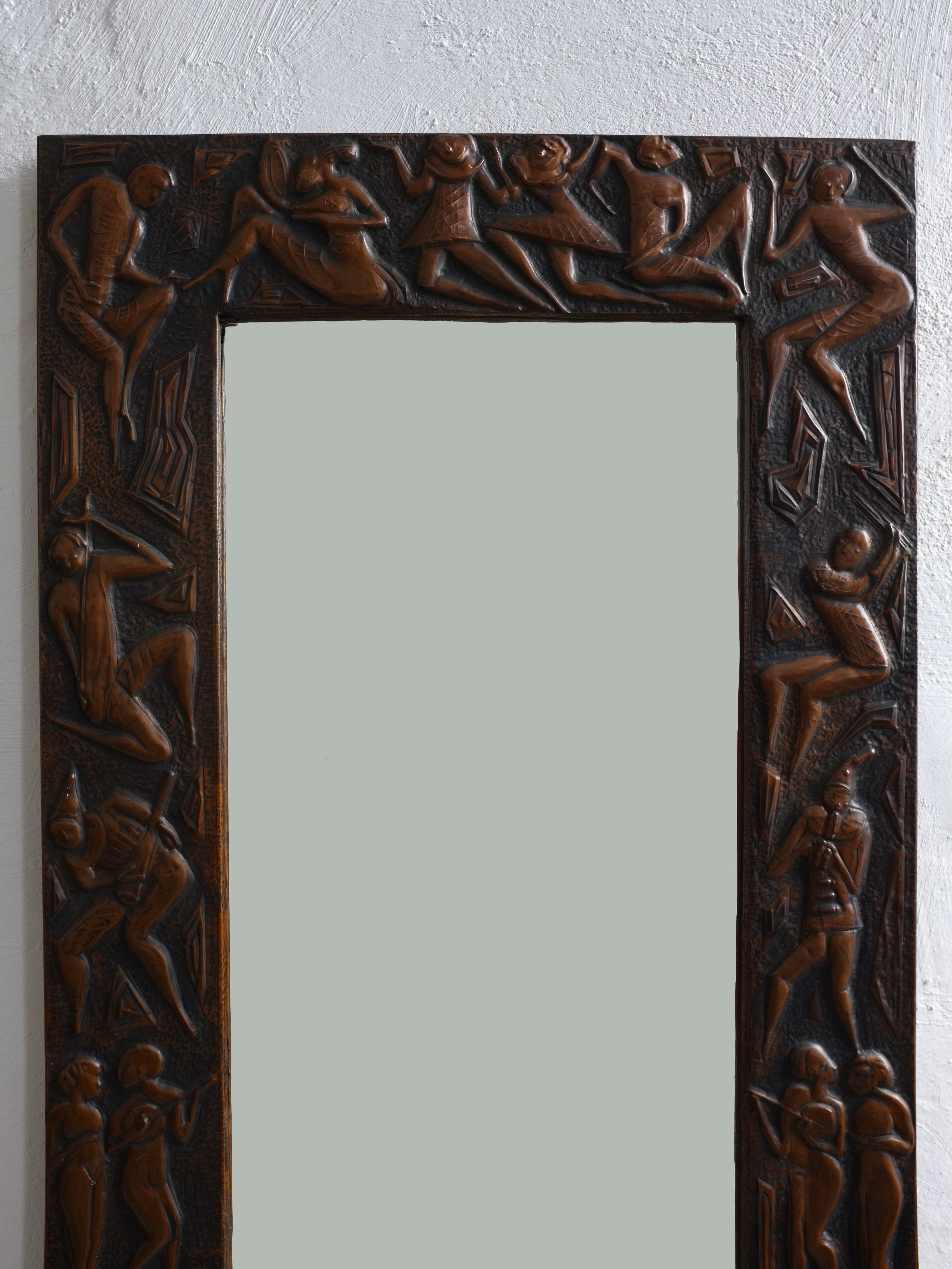 Copper Relief Wall Mirror, Bragalini Angelo Style, Italy, 1970s — detail view
