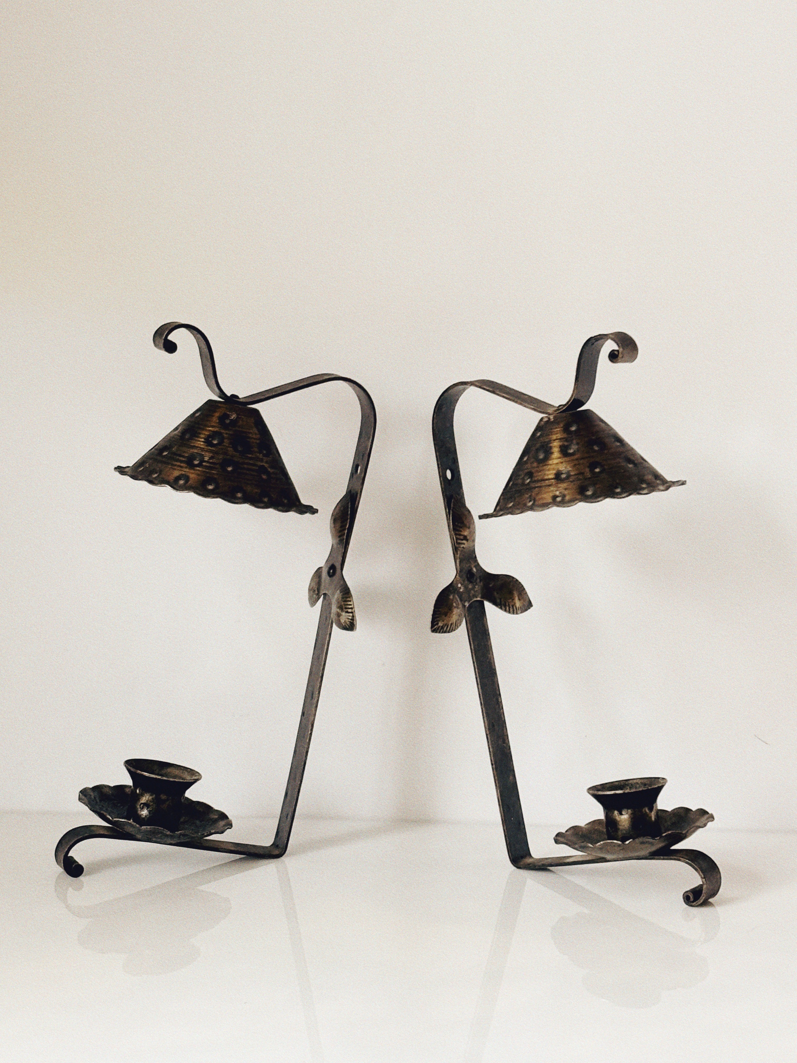 Metal Wall Lantern Candleholders, Mid Century Poland — side angle showing dark metal and decorative details