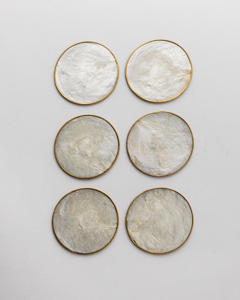 Vintage 1980s Coasters Set of 6, Mother of Pearl by Bottega Jacobs | The Oblist — mother of pearl, gold trim