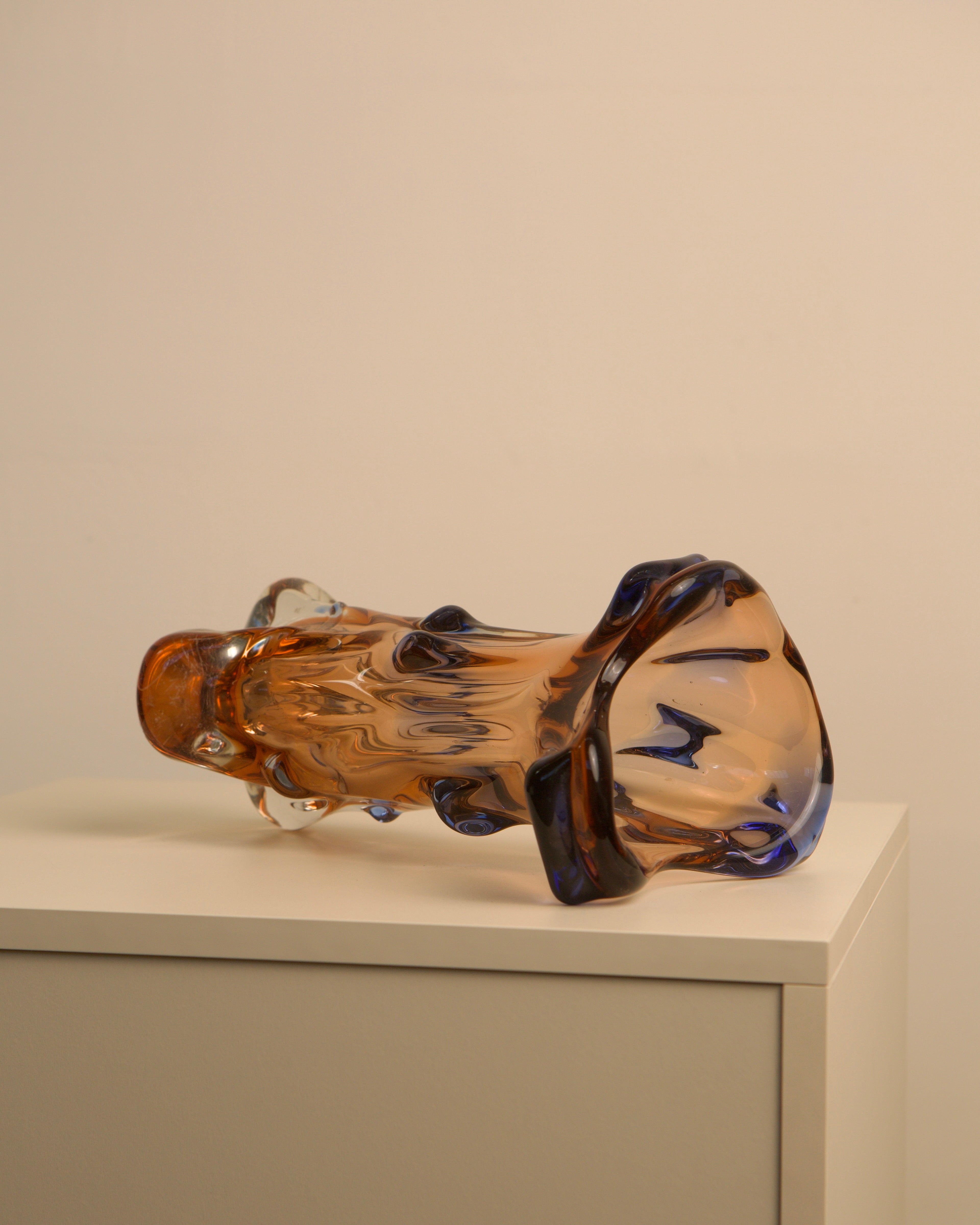 Large amber Murano glass vase with organic flowing form, 1980s