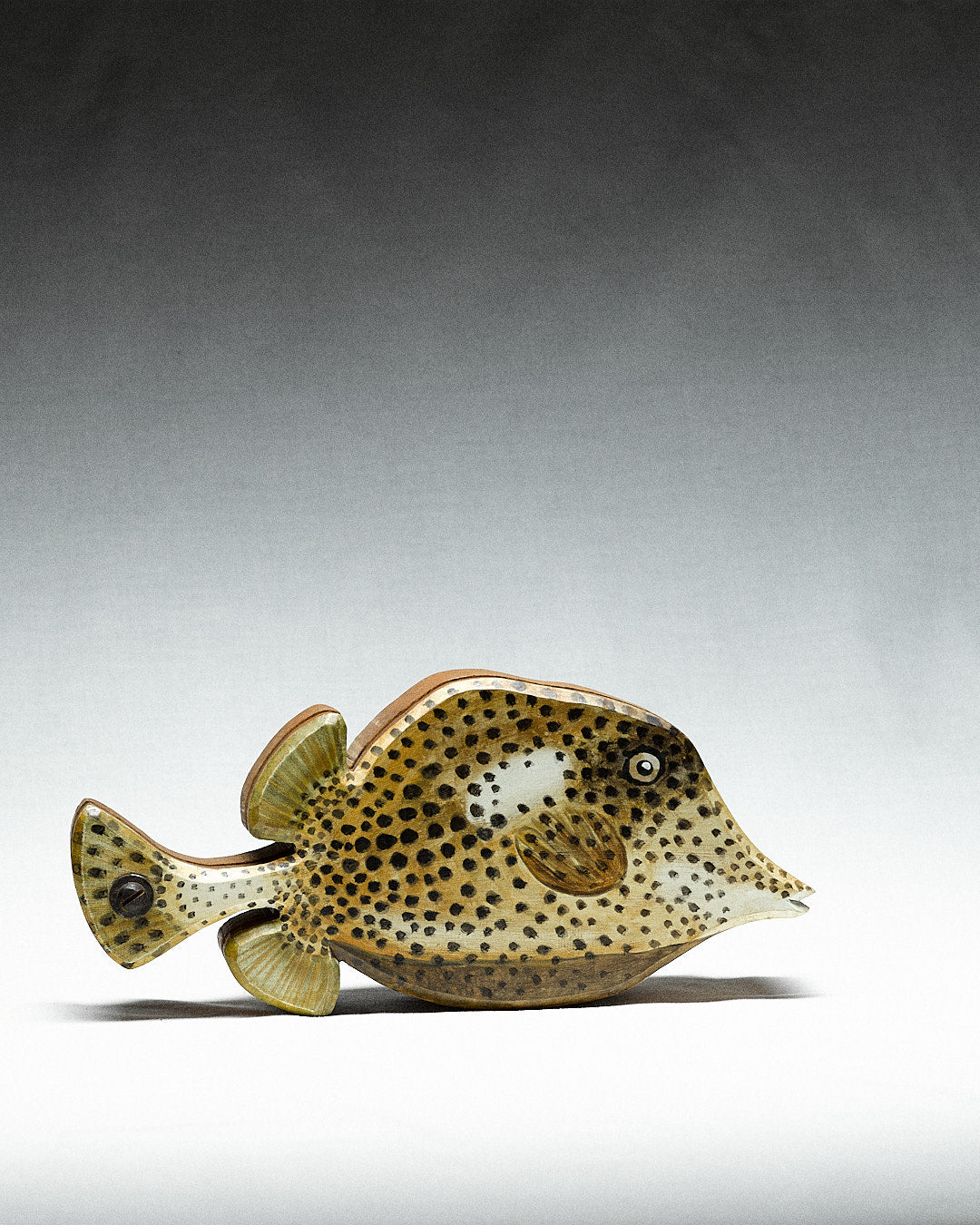 hand painted wooden box, fish — side view highlighting textured surface and colors