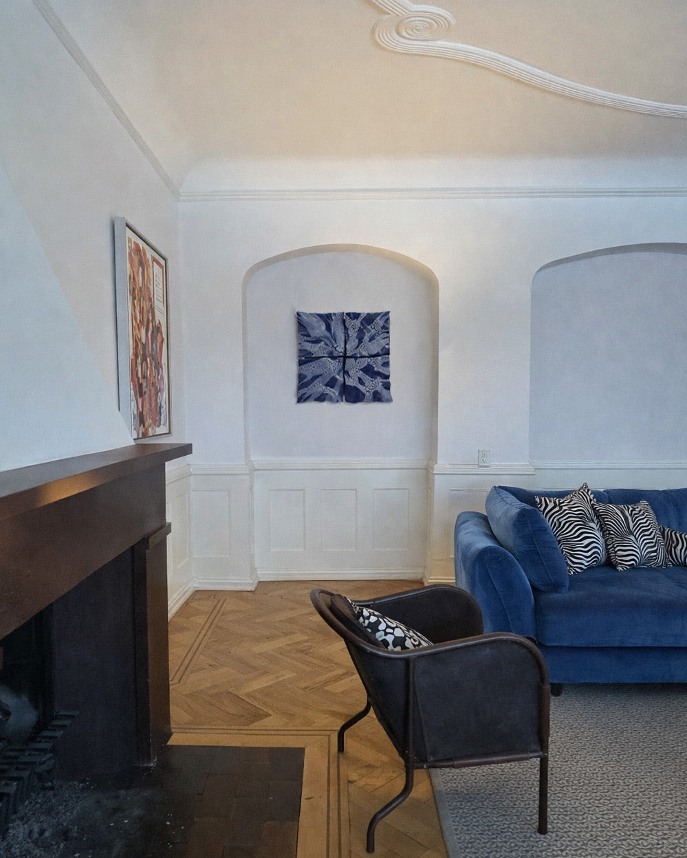 Blue ceramic Wall Sculpture — side angle in modern living room