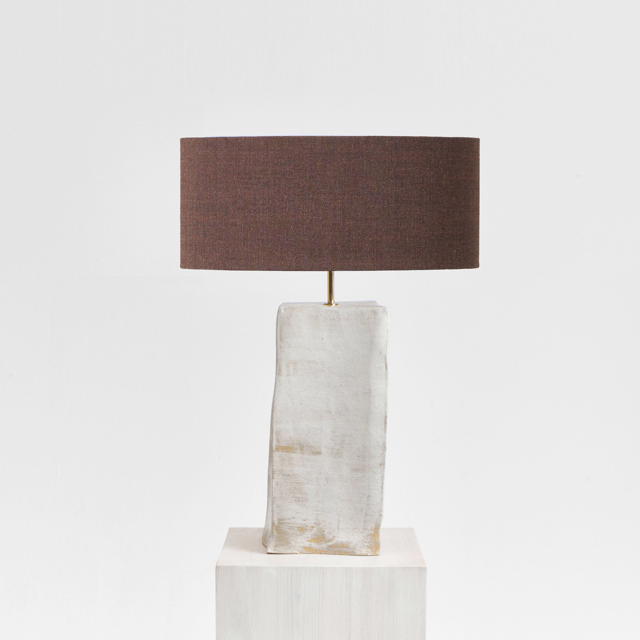 Rectangular Ceramic Lamp — front view with brown fabric shade