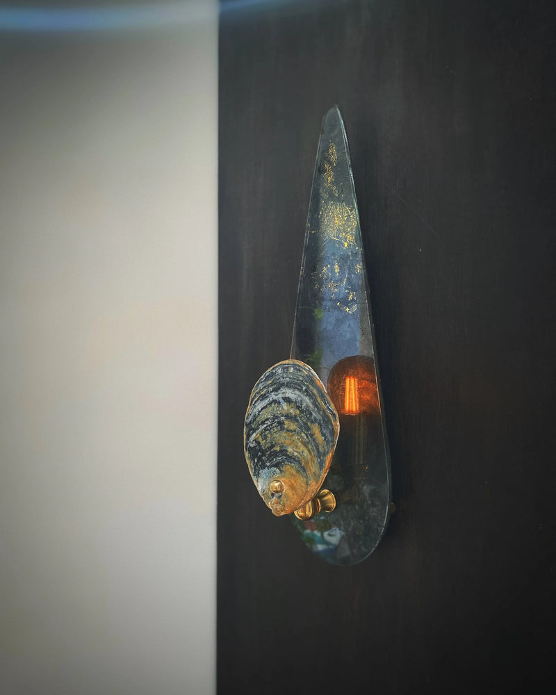 Tear Drop Sconce with Norfolk Oyster, 23KT Gold and Oxidised Silver — close-up of oyster detail on wall sconce