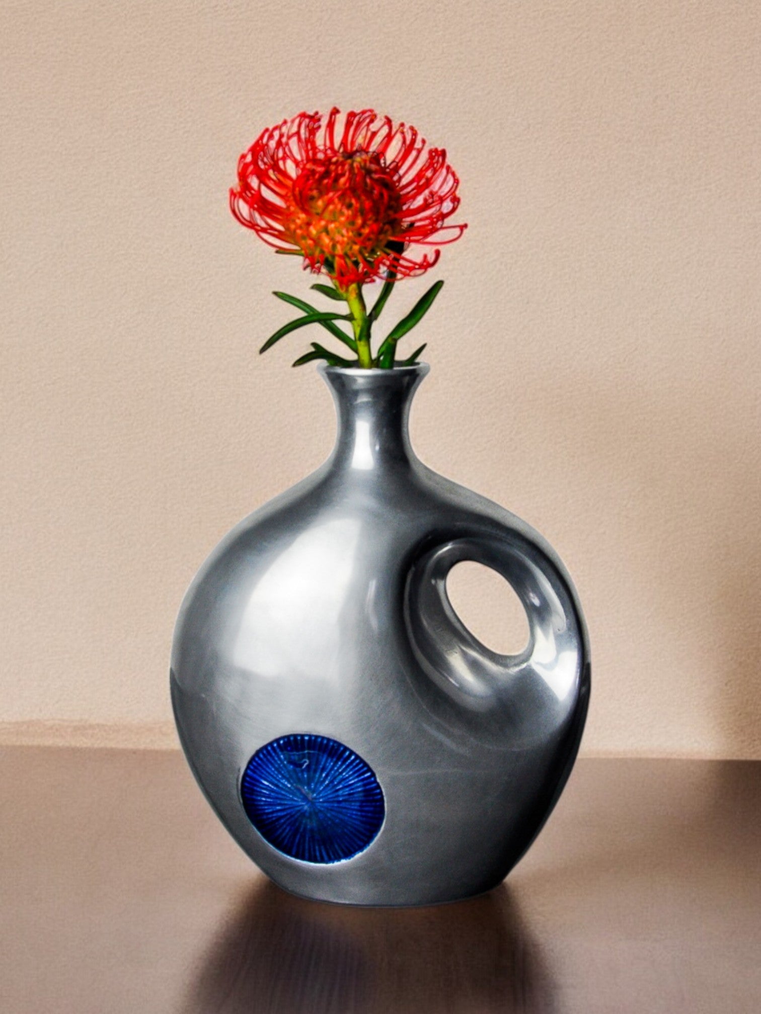 Biomorphic Base by Art3, Spain, 1980s — gray ceramic vase with flower