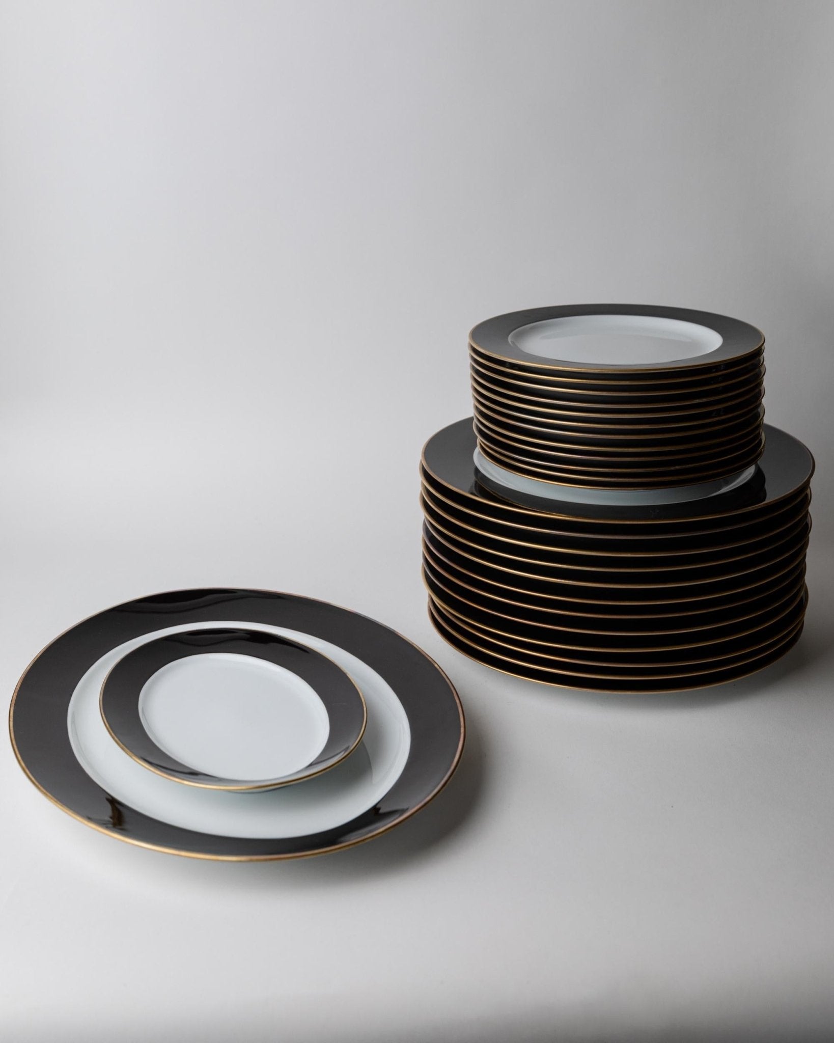 Vintage 1980s Porcelain Dinnerware Set for 12, Black White with Gold Rim by Eschenbach Bavaria Germany, Classic Elegant Tableware, Gift Idea — side angle