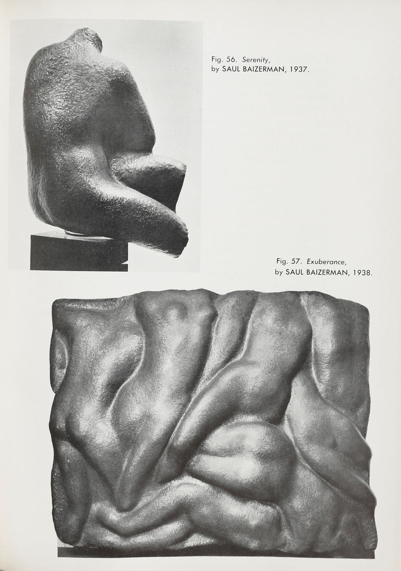 Modern art book page showing two sculptures by Saul Baizerman