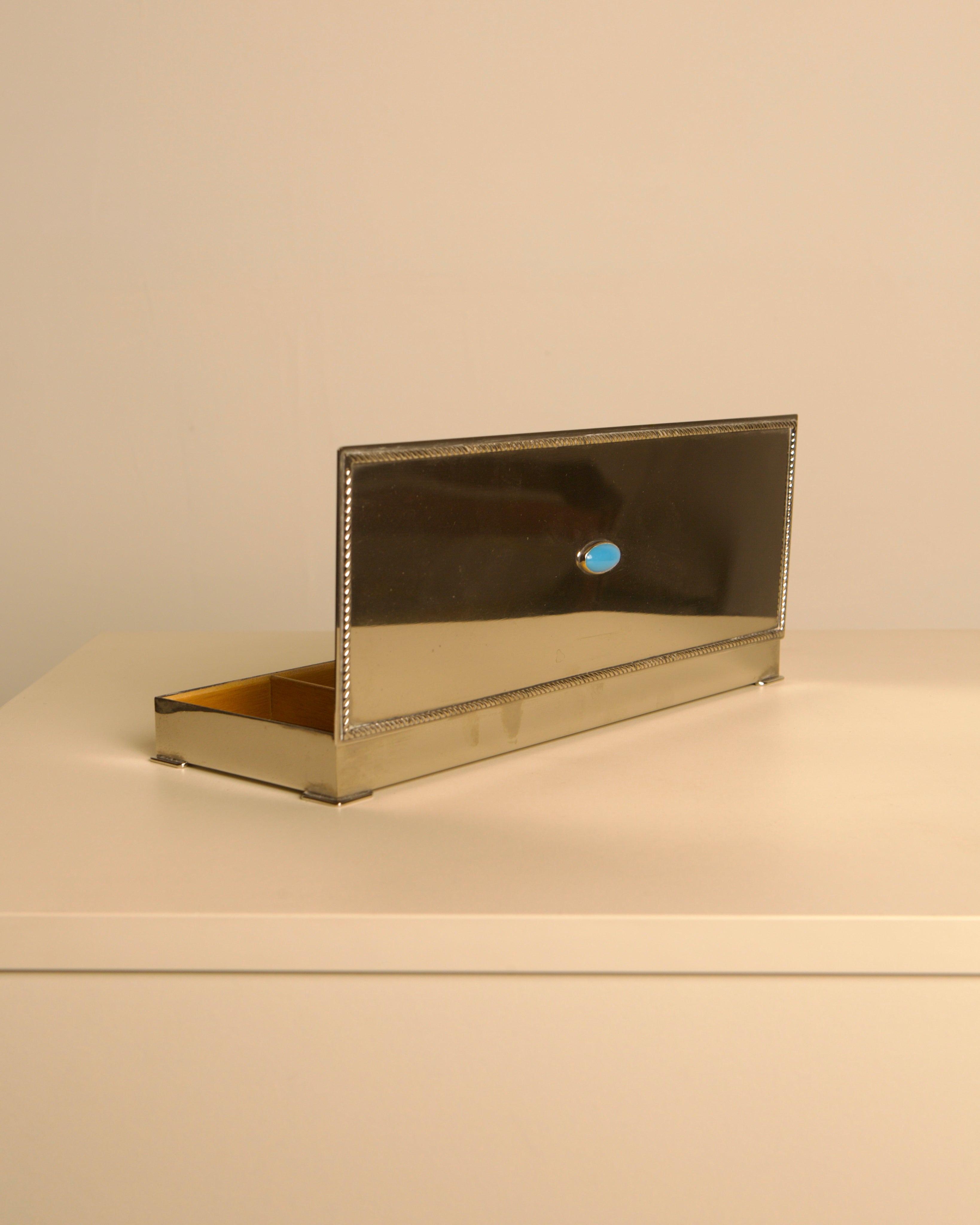 Italian Art Deco Silver-Plated Box with Turquoise Cabochon & Wood Interior, 1940s — alternate view