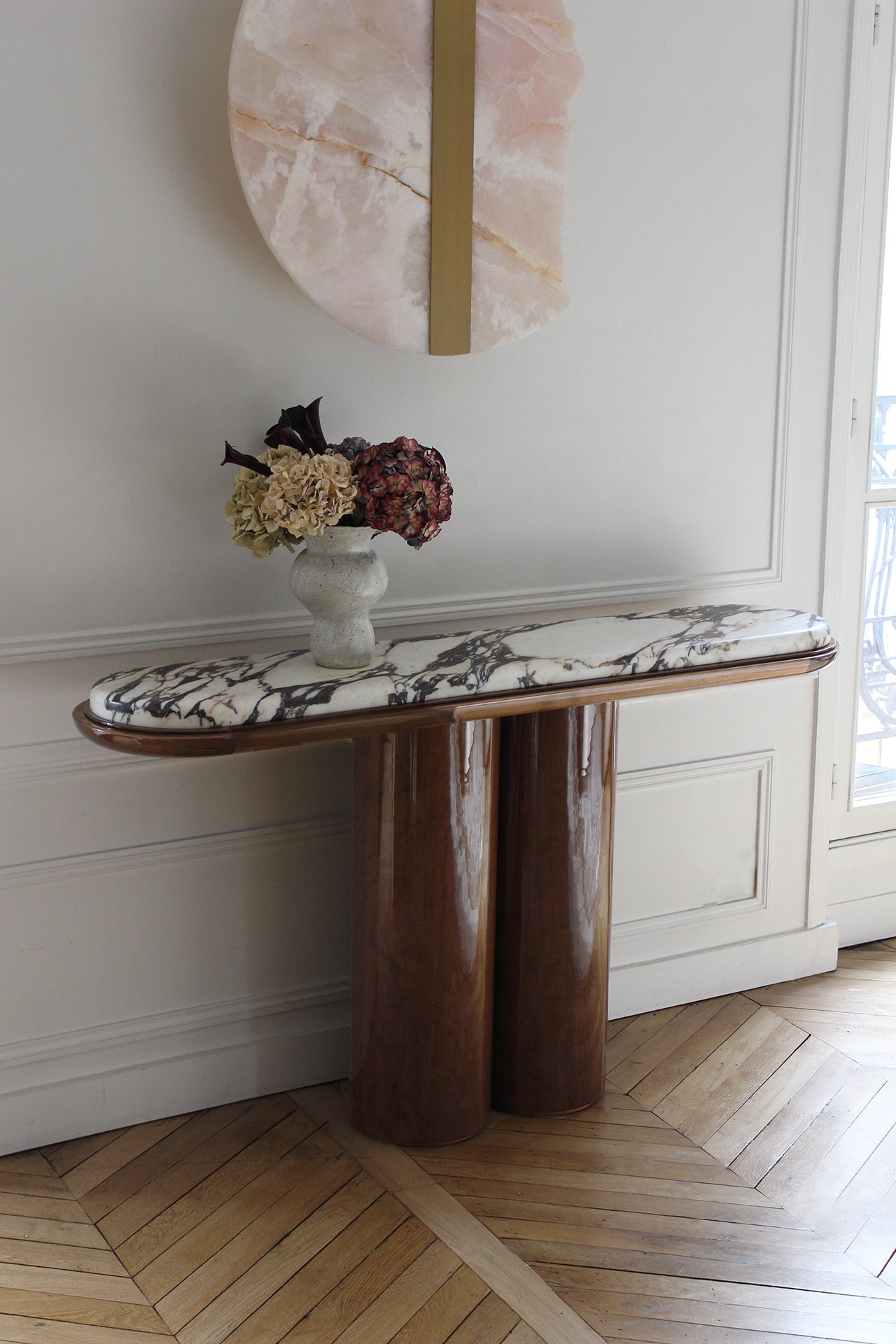 Ida Wood And Calacatta Viola Marble Console — back view showing rounded wooden legs