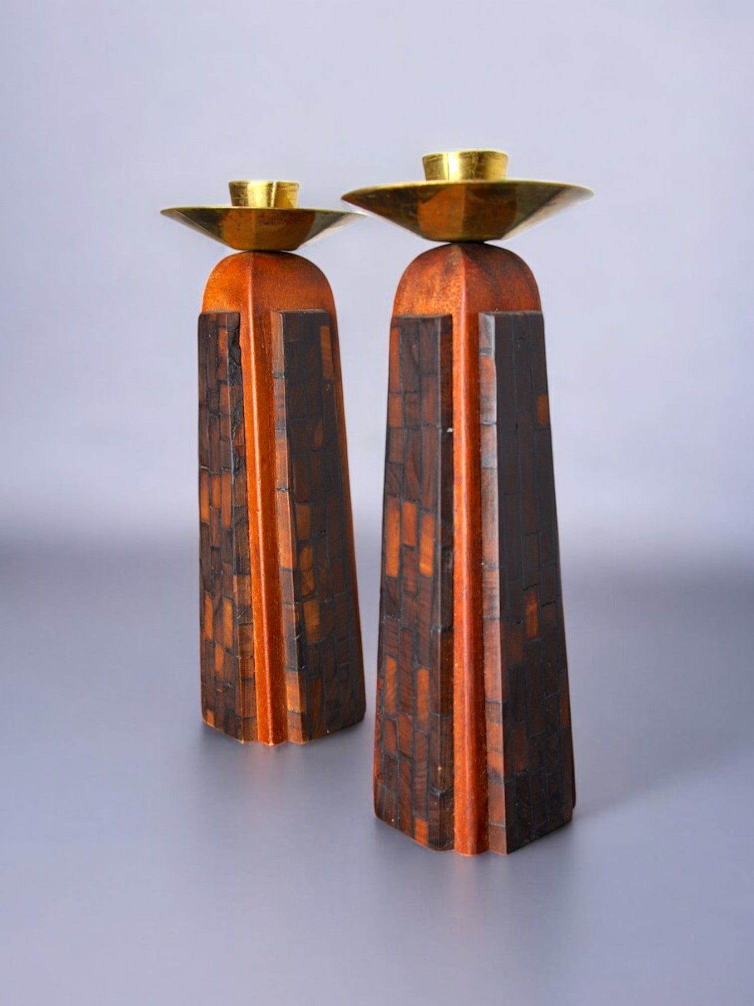 Pair of "David" Candle Holders 1960 — side angle showing wooden and brass materials