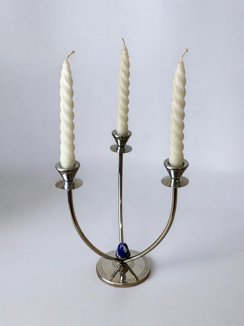 Art Deco Candleholder in Stainless Steel and Blue Stone, Spain, 1970's — close-up of stainless steel base with blue stone det