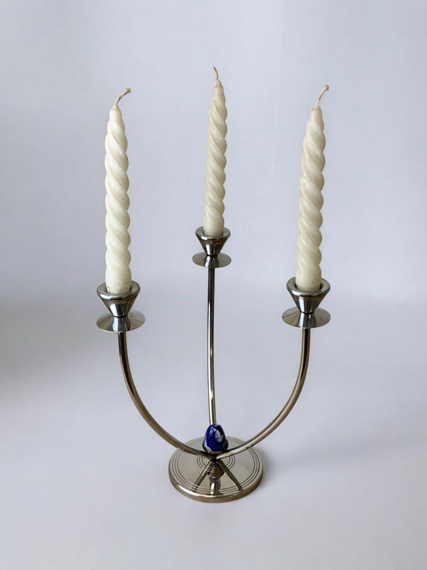 Art Deco Candleholder in Stainless Steel and Blue Stone, Spain, 1970's — close-up of stainless steel base with blue stone det