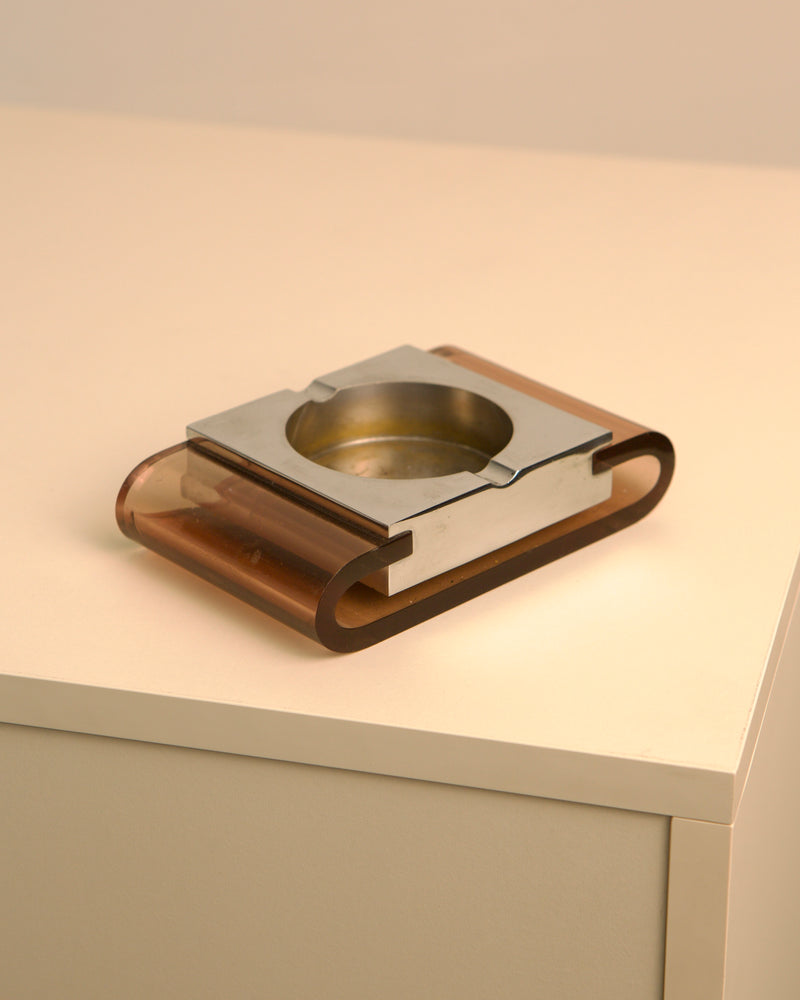 Vintage smoked plexiglass and metal ashtray from the 1970s