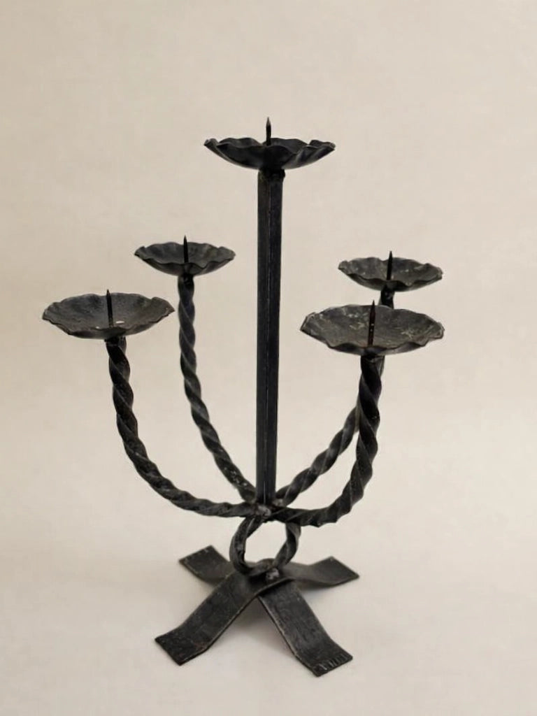 1970s German Vintage Hand-forged Wrought Iron 5-Arm Candelabra — detail view
