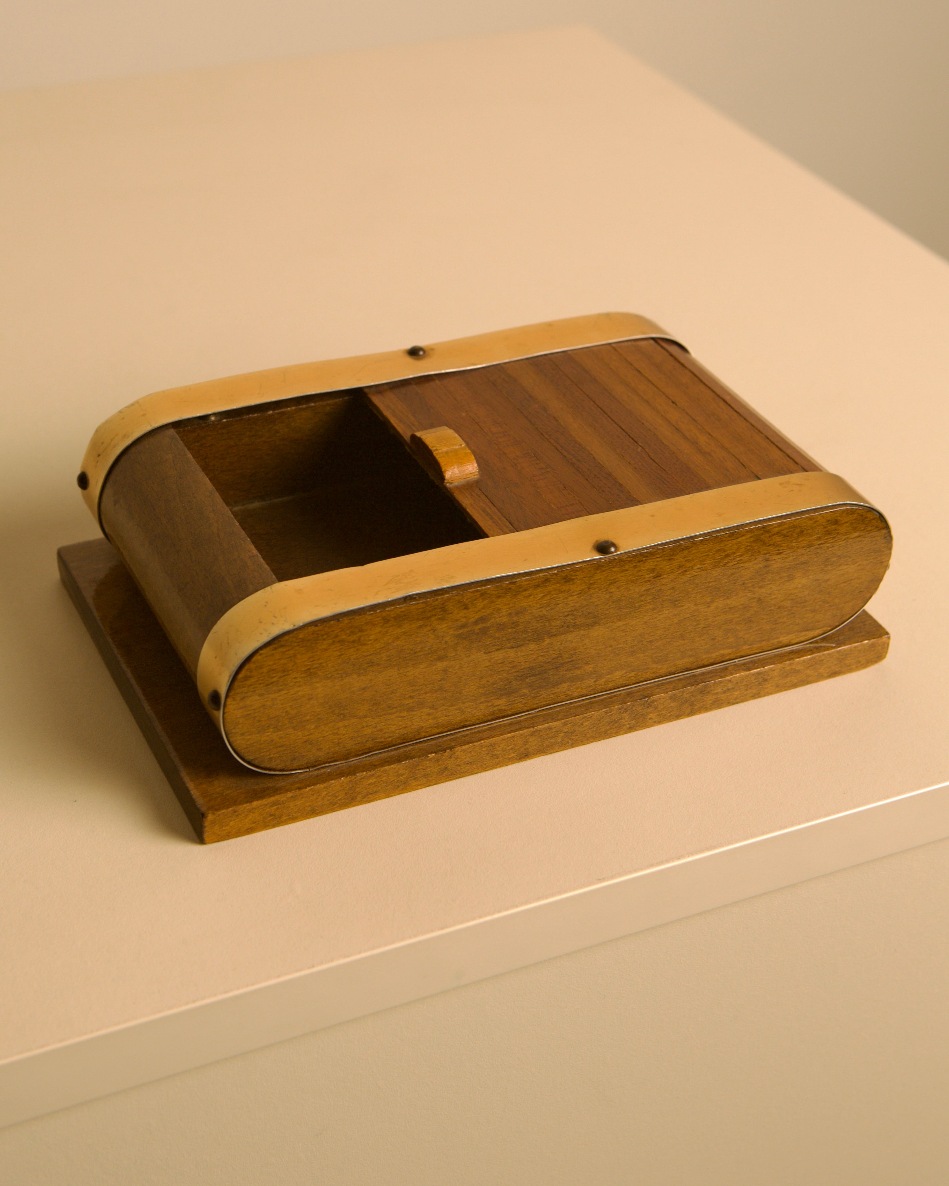 Italian Sliding Wood and Brass Box, 40s — angled view on neutral surface