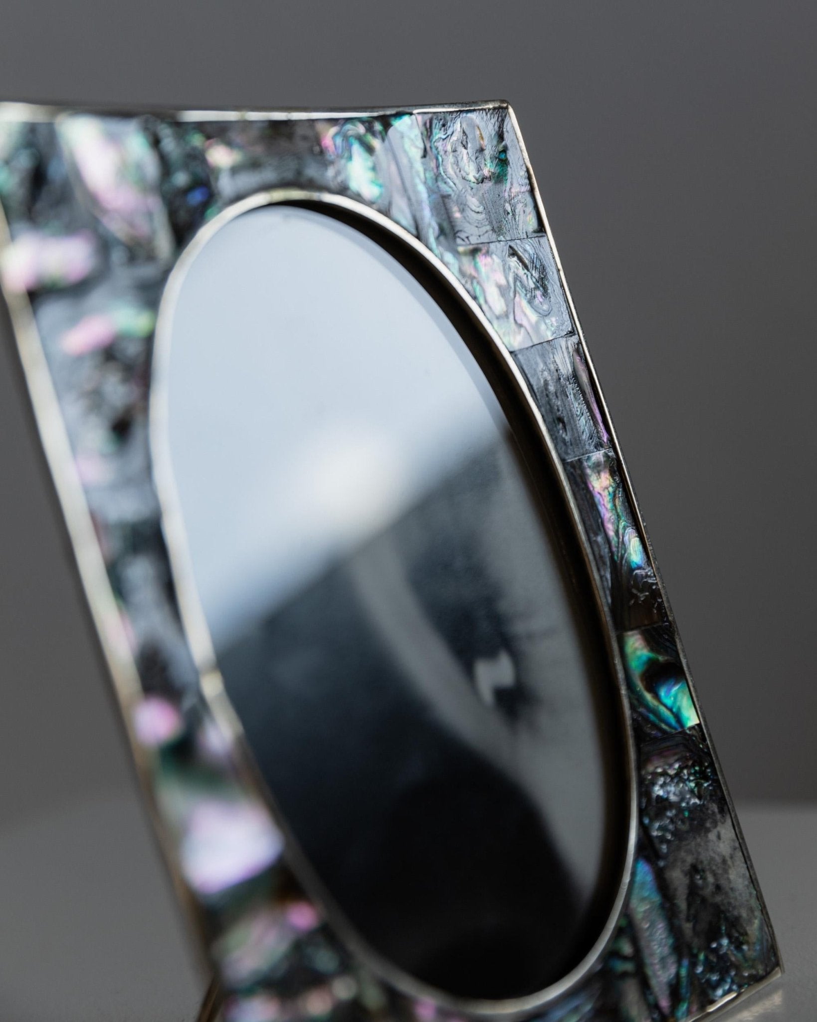 Vintage 1950s Alpaca Silver Picture Frame, Mother of Pearl Details with Oval Photo Opening, Elegant Table Accent, Timeless Gift Idea — alternate view