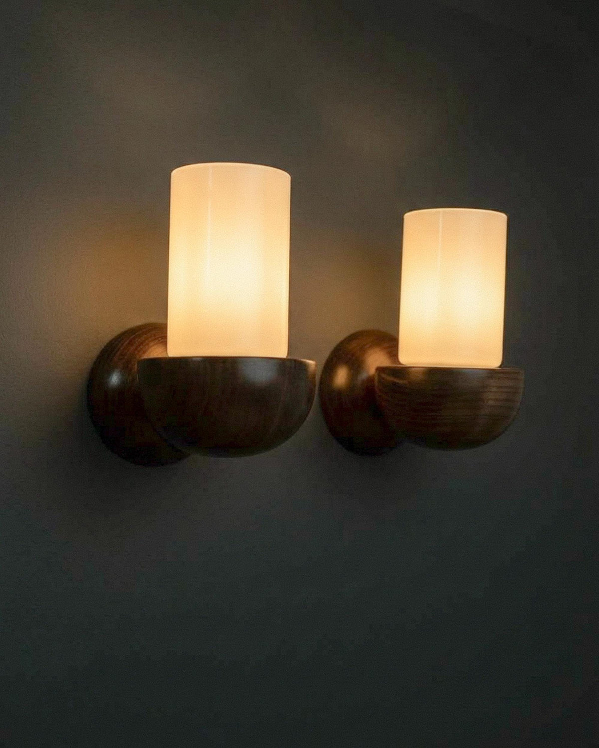 Vintage 1960s Wall Lamps Set of 2, Dark Wood with White Glass Shades, Mid Century Modern Lighting, Sculptural Wall Sconces — detail view