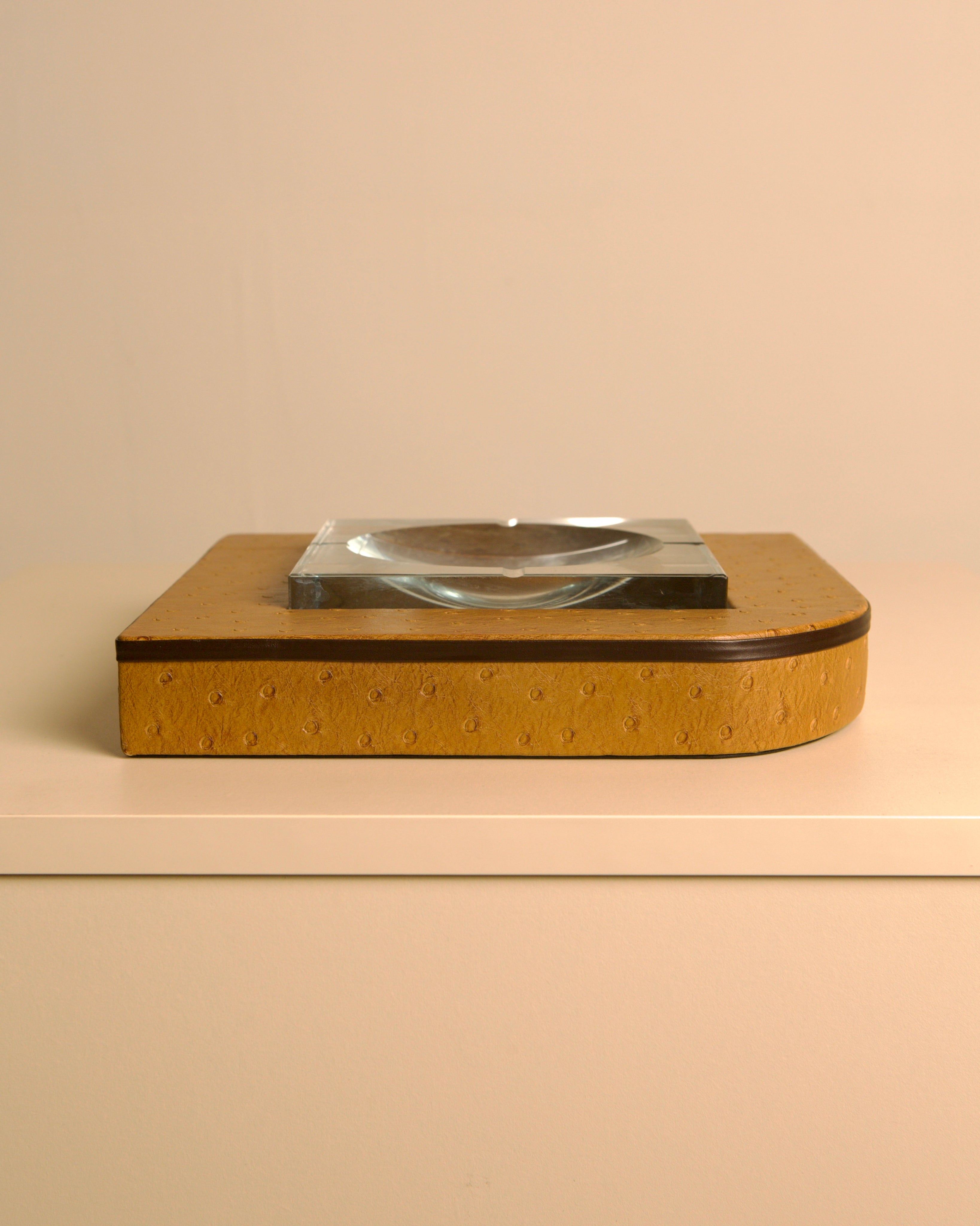 Glass and Faux Ostrich Leather Ashtray, Italy, 1980s — detail view
