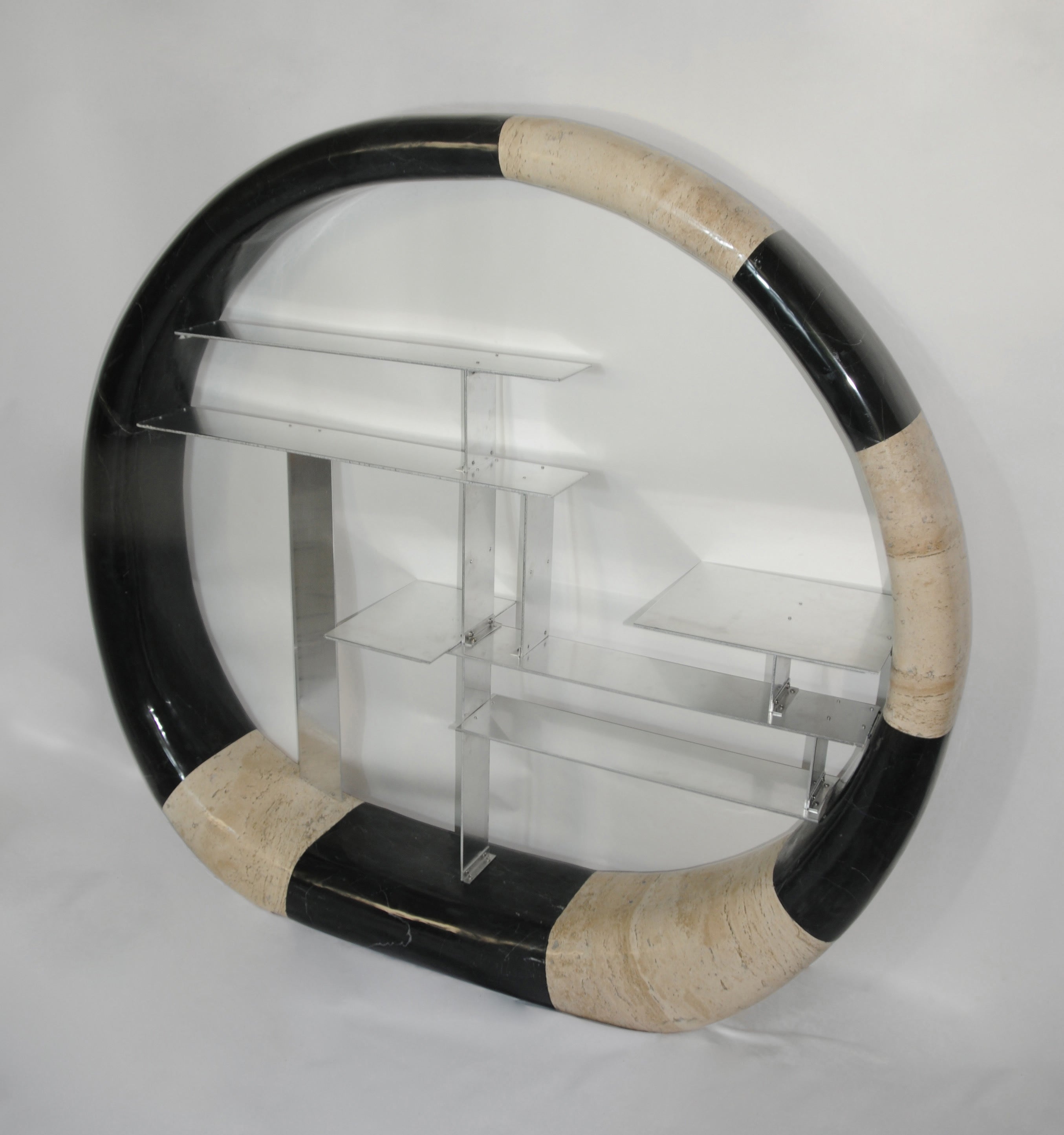 Asymmetric Stone Ring Shelf, Postmodern — side angle showing black and beige materials
