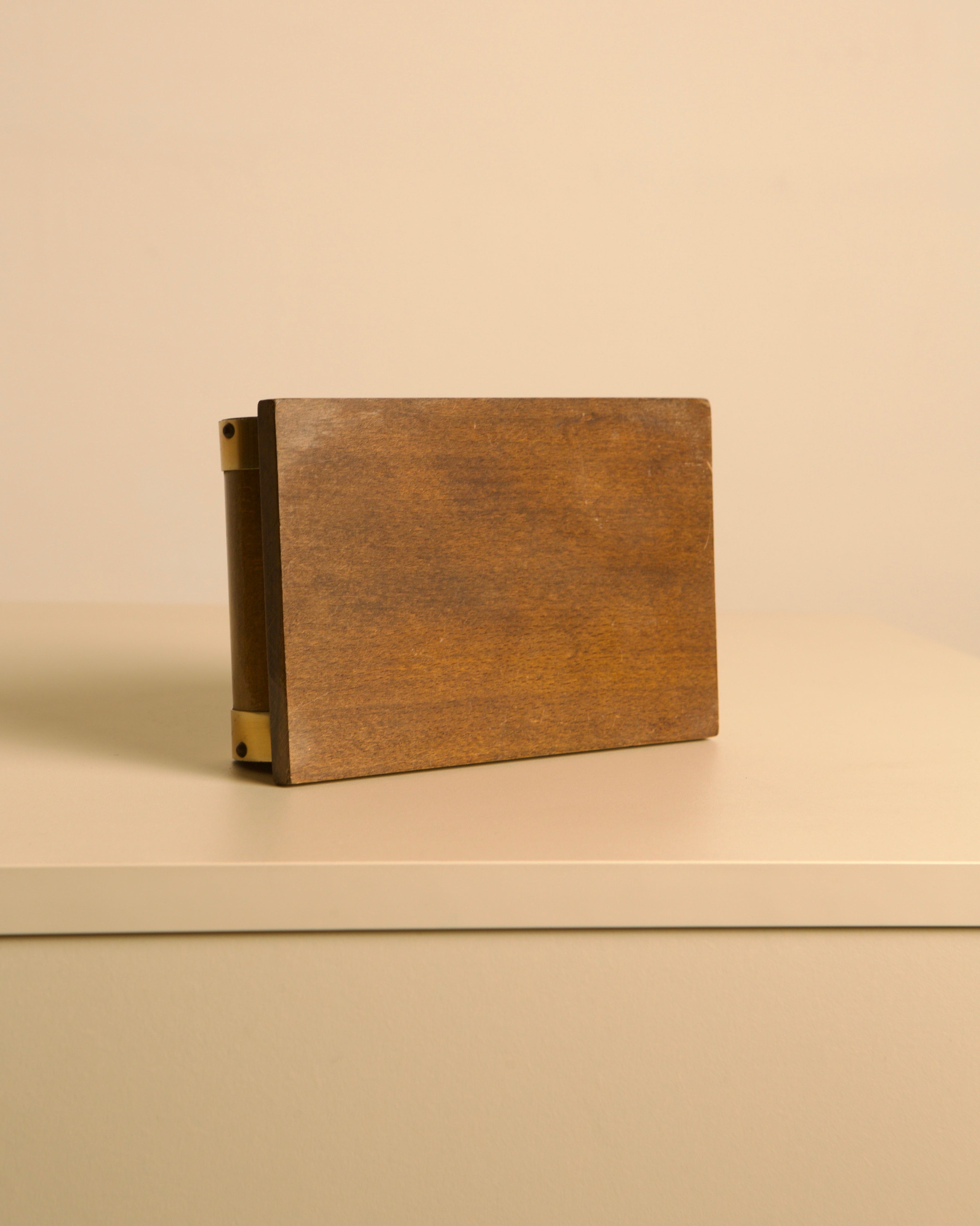 Italian Sliding Wood and Brass Box, 40s — back view on neutral surface